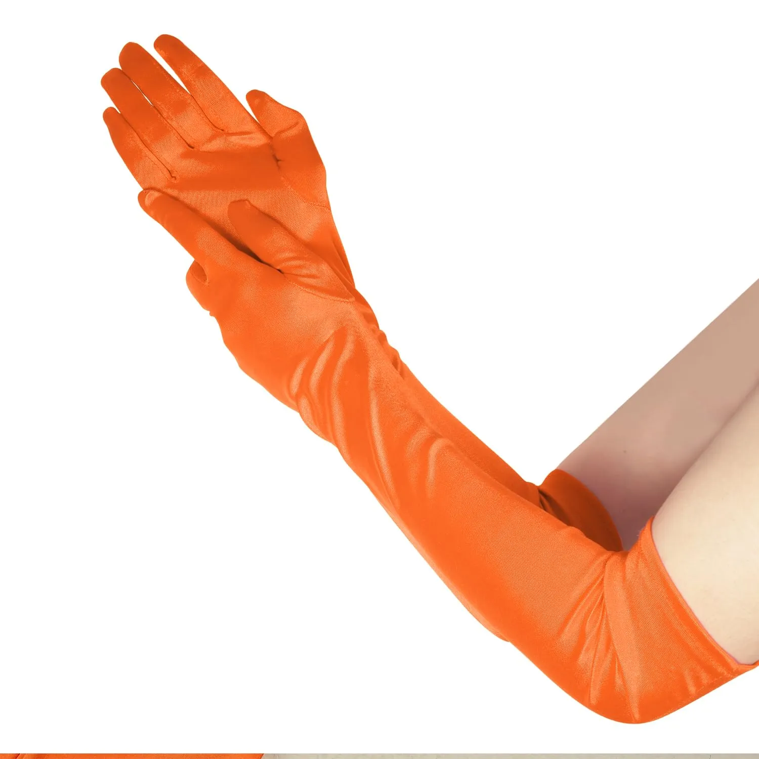 NQEUEPN Guanti Lunghi in Raso da Donna, 52cm, Arancione - immagine 5