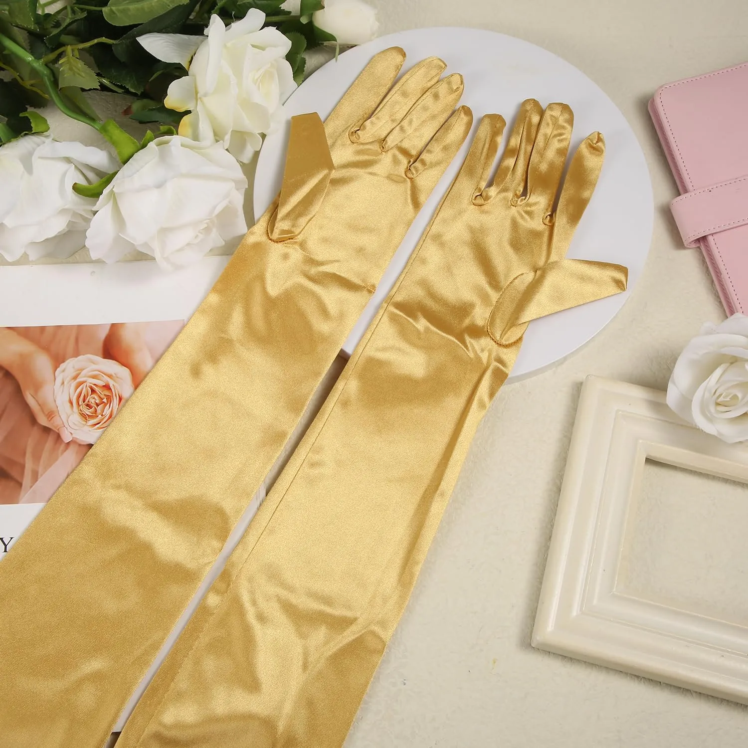 NQEUEPN Guanti Lunghi in Raso da Donna, 52cm, Oro - immagine 3