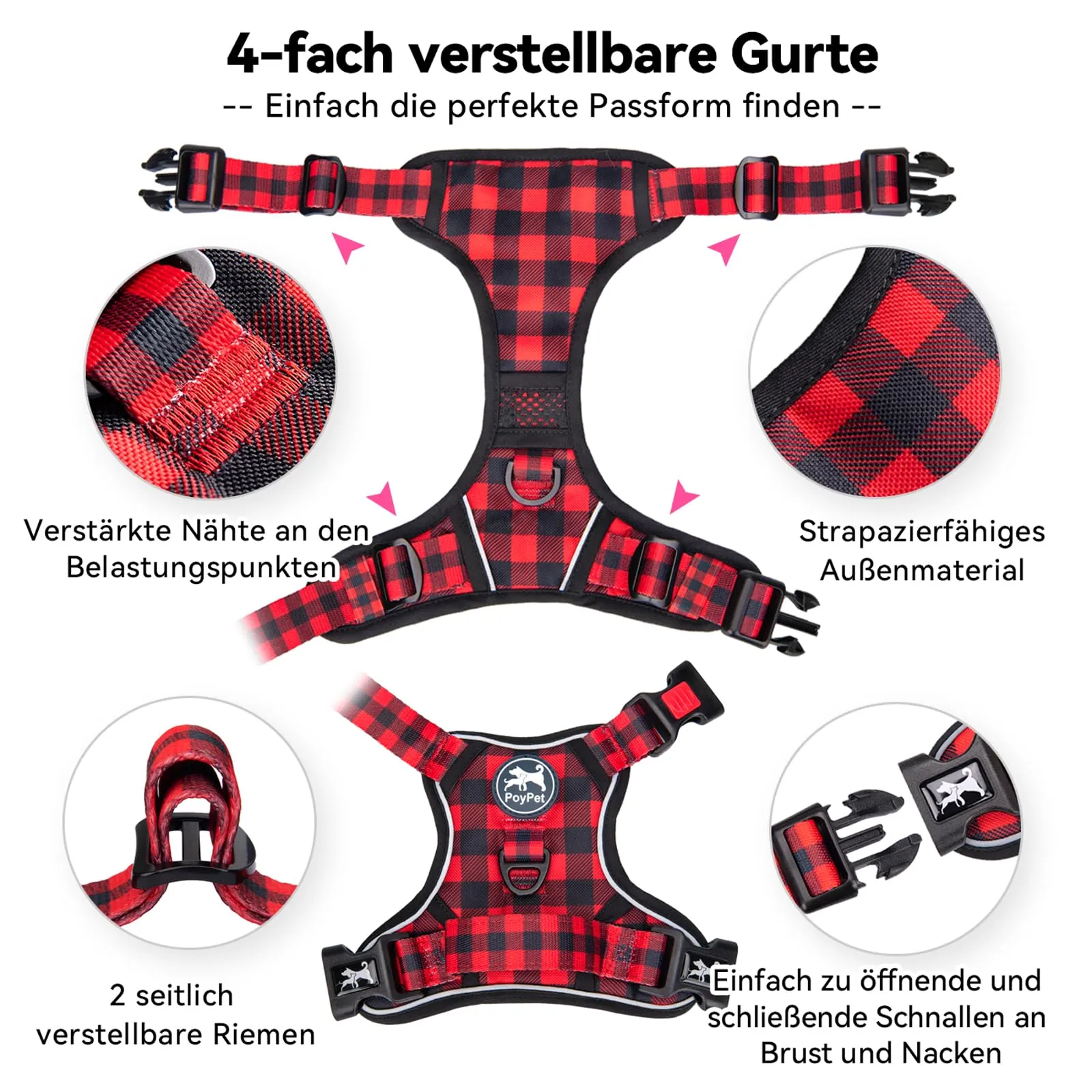 PoyPet Imbracatura per Cani No Pull Riflettente con Maniglia, Rosso a Quadri, M - immagine 3