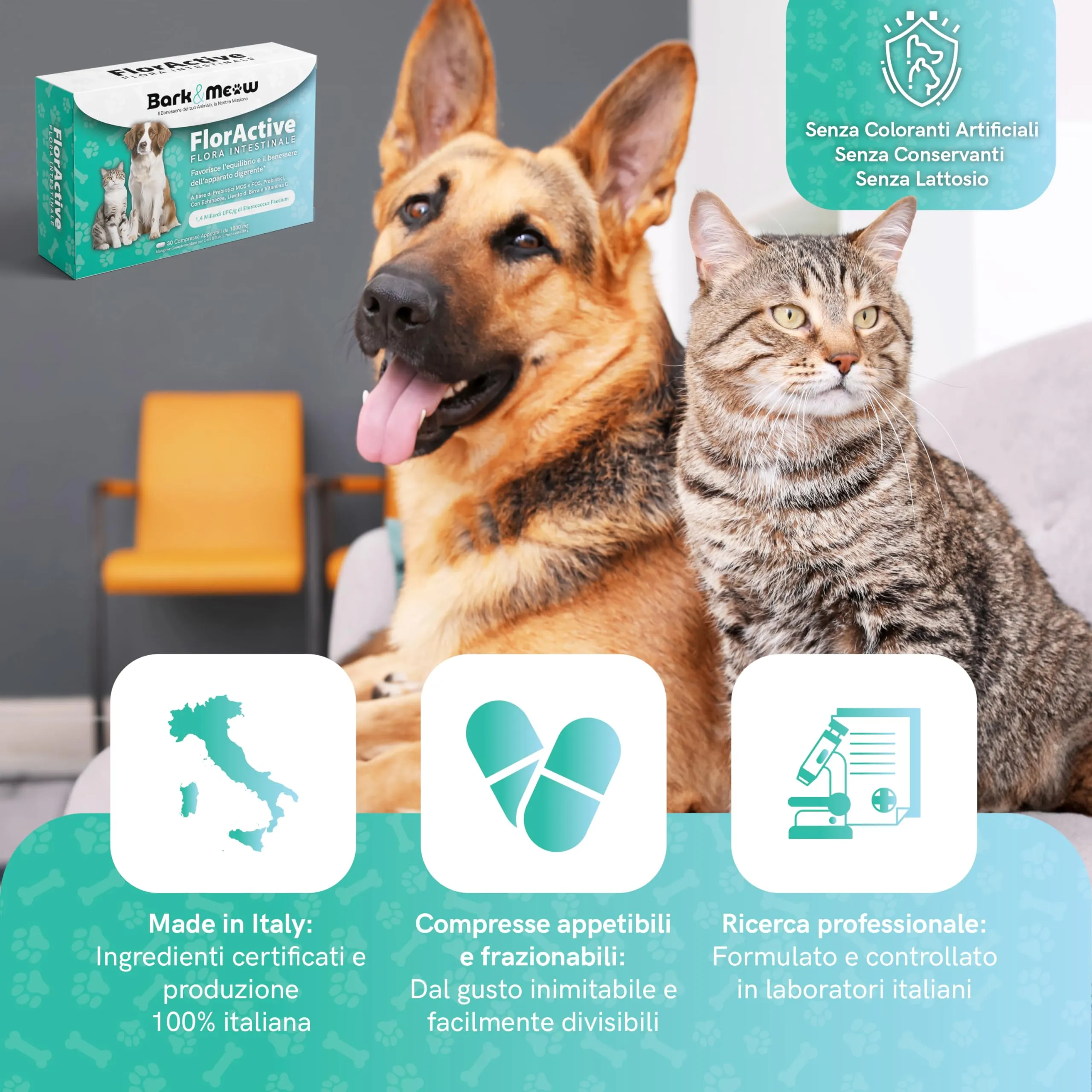 Bark & Meow FlorActive Fermenti Probiotici per cani e gatti, 1,4 miliardi UFC, con Prebiotici FOS e MOS, 30 Compresse - immagine 6