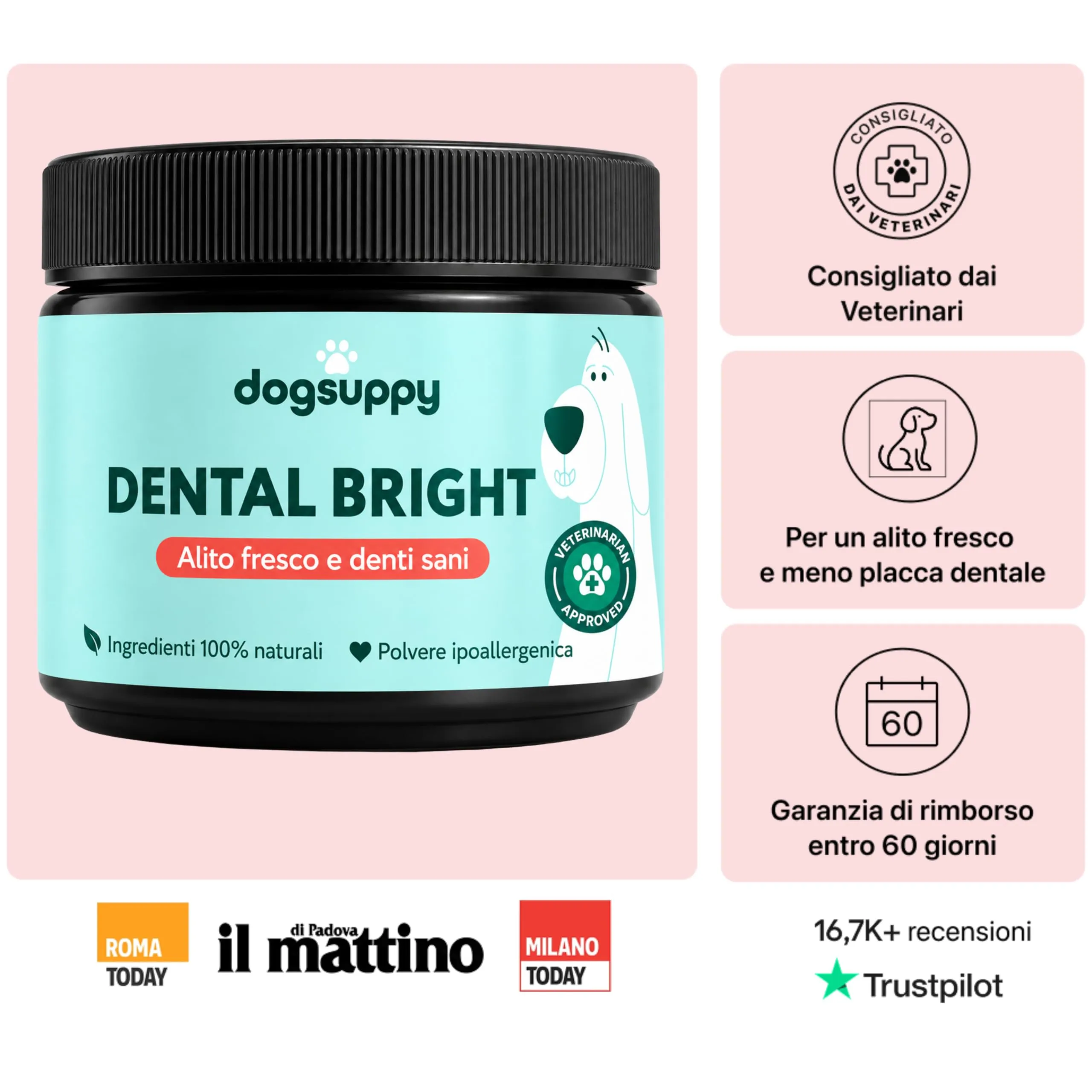 DogSuppy Dental Bright Polvere Dentale per Cani, Alito Fresco, Rimuovi Placca e Tartaro - immagine 2