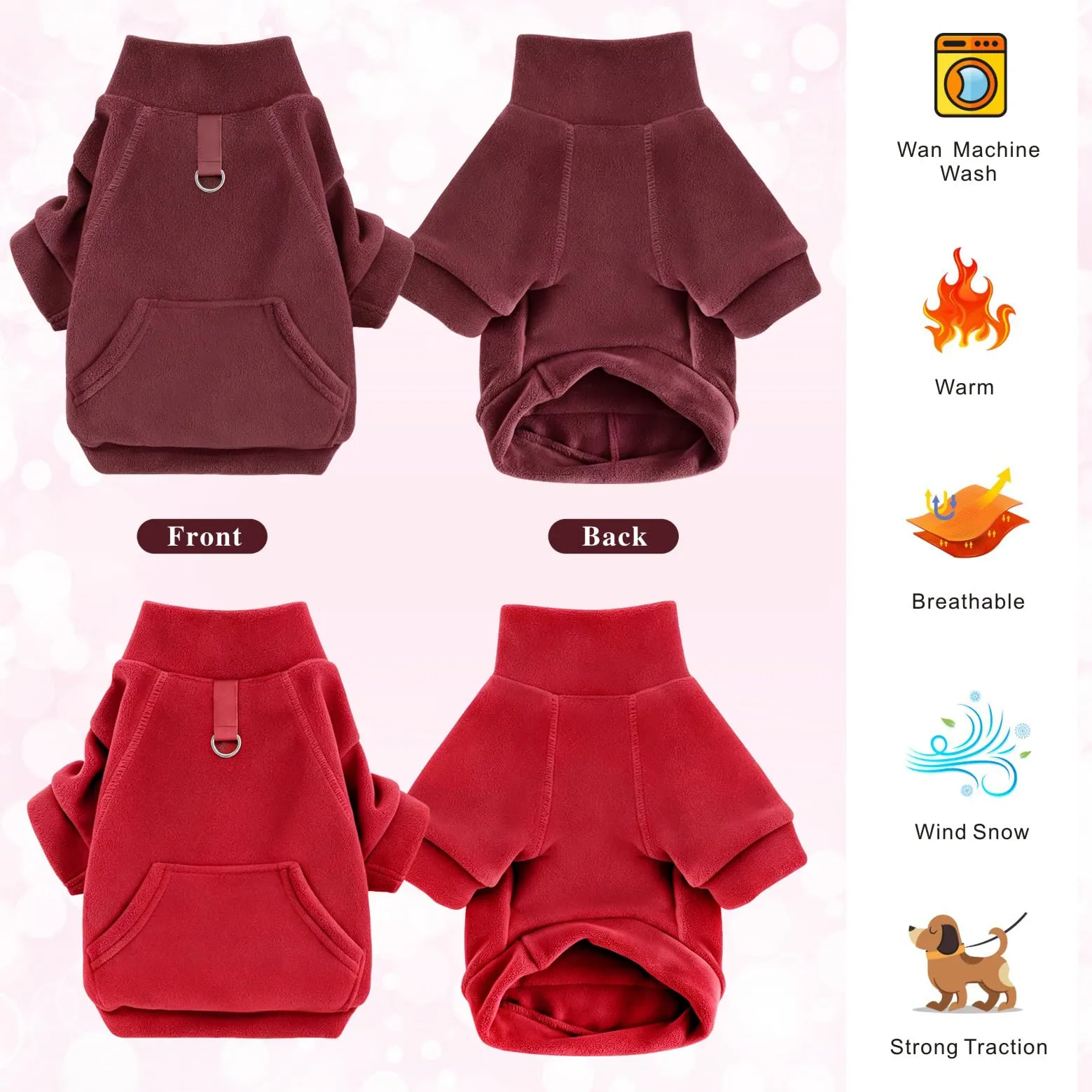 Mosucoirl Felpa con Cappuccio per Cani, Pullover Jumpsuit con Tasca e D-Ring, LichtRotDunkelRot, S - immagine 5