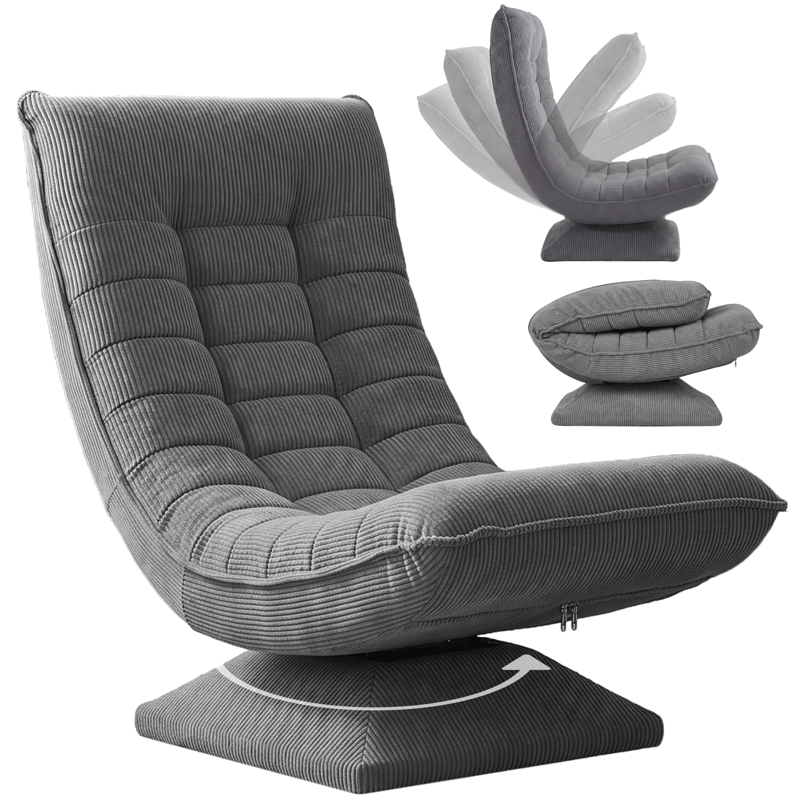 CASARIA Poltrona Relax Aberdeen Girevole a 360° con Schienale Regolabile in Velluto a Coste, Grigio - immagine 1