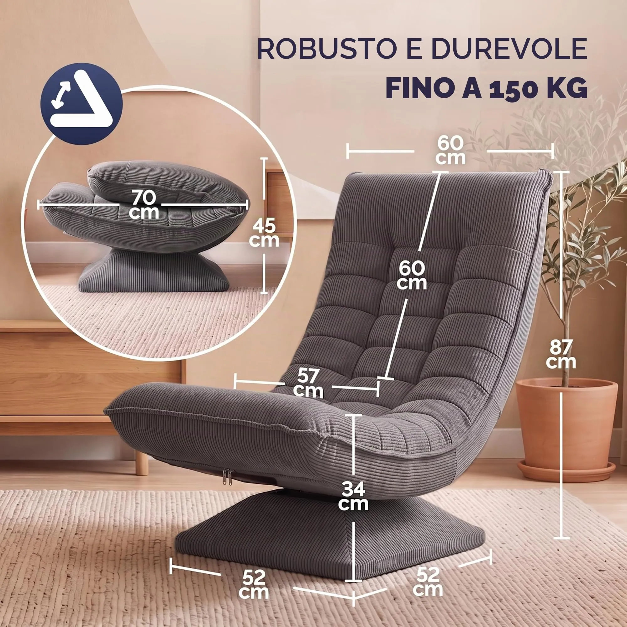 CASARIA Poltrona Relax Aberdeen Girevole a 360° con Schienale Regolabile in Velluto a Coste, Grigio - immagine 2