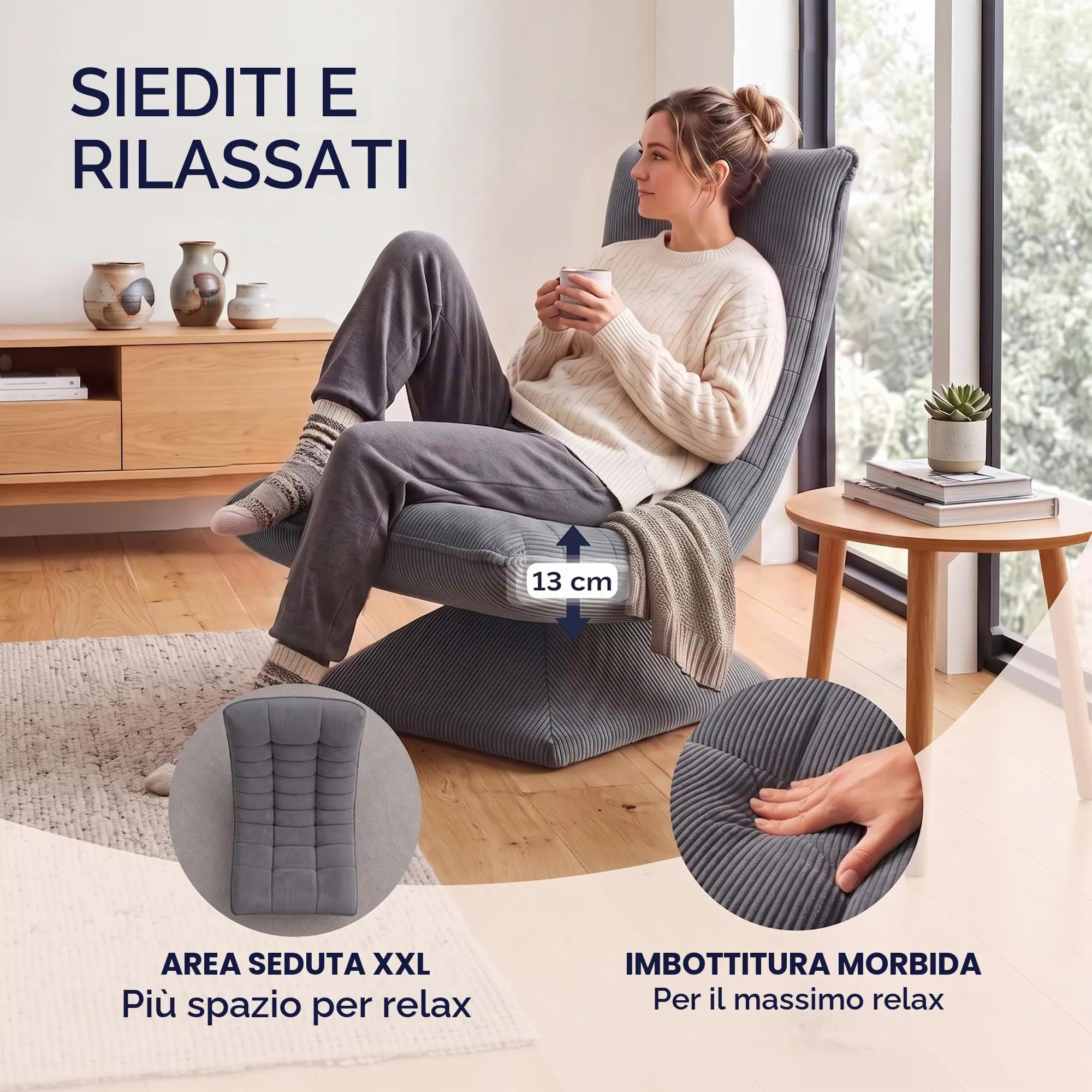 CASARIA Poltrona Relax Aberdeen Girevole a 360° con Schienale Regolabile in Velluto a Coste, Grigio - immagine 3
