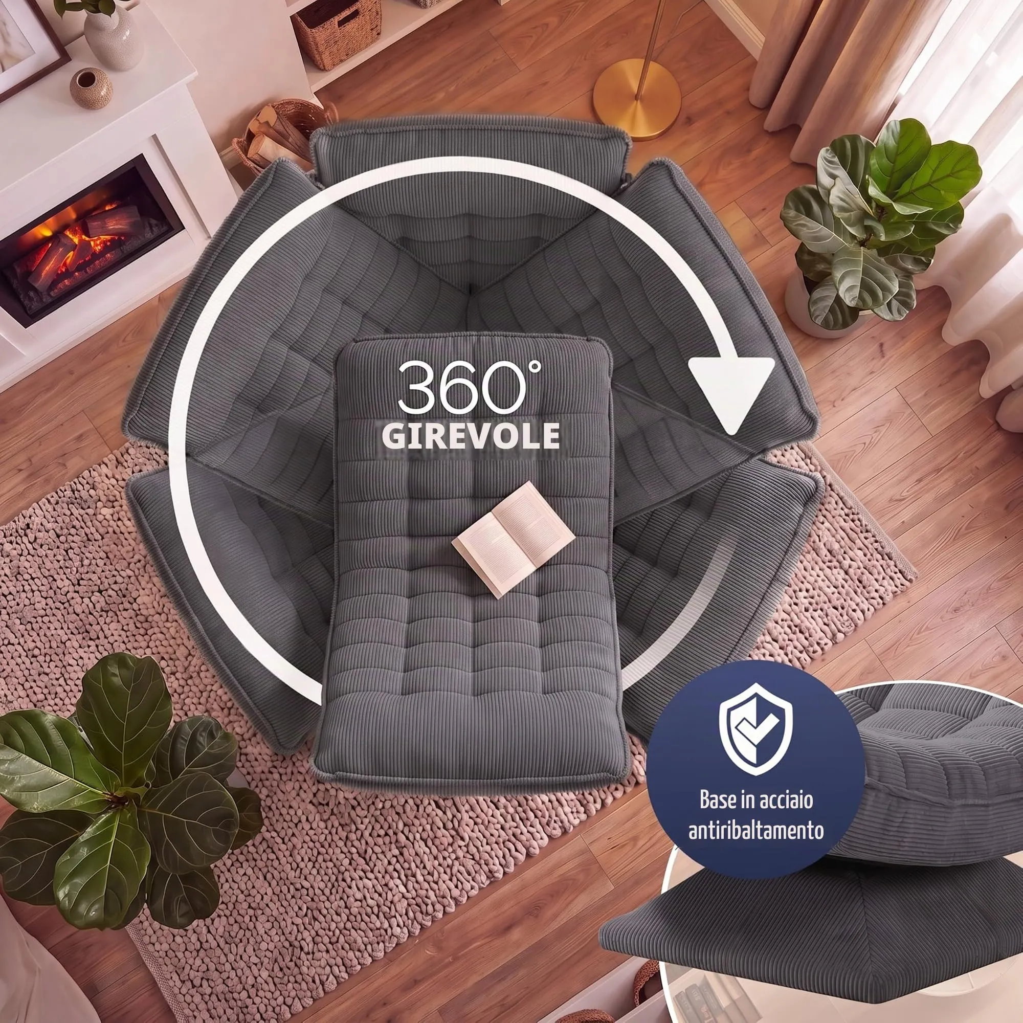 CASARIA Poltrona Relax Aberdeen Girevole a 360° con Schienale Regolabile in Velluto a Coste, Grigio - immagine 5