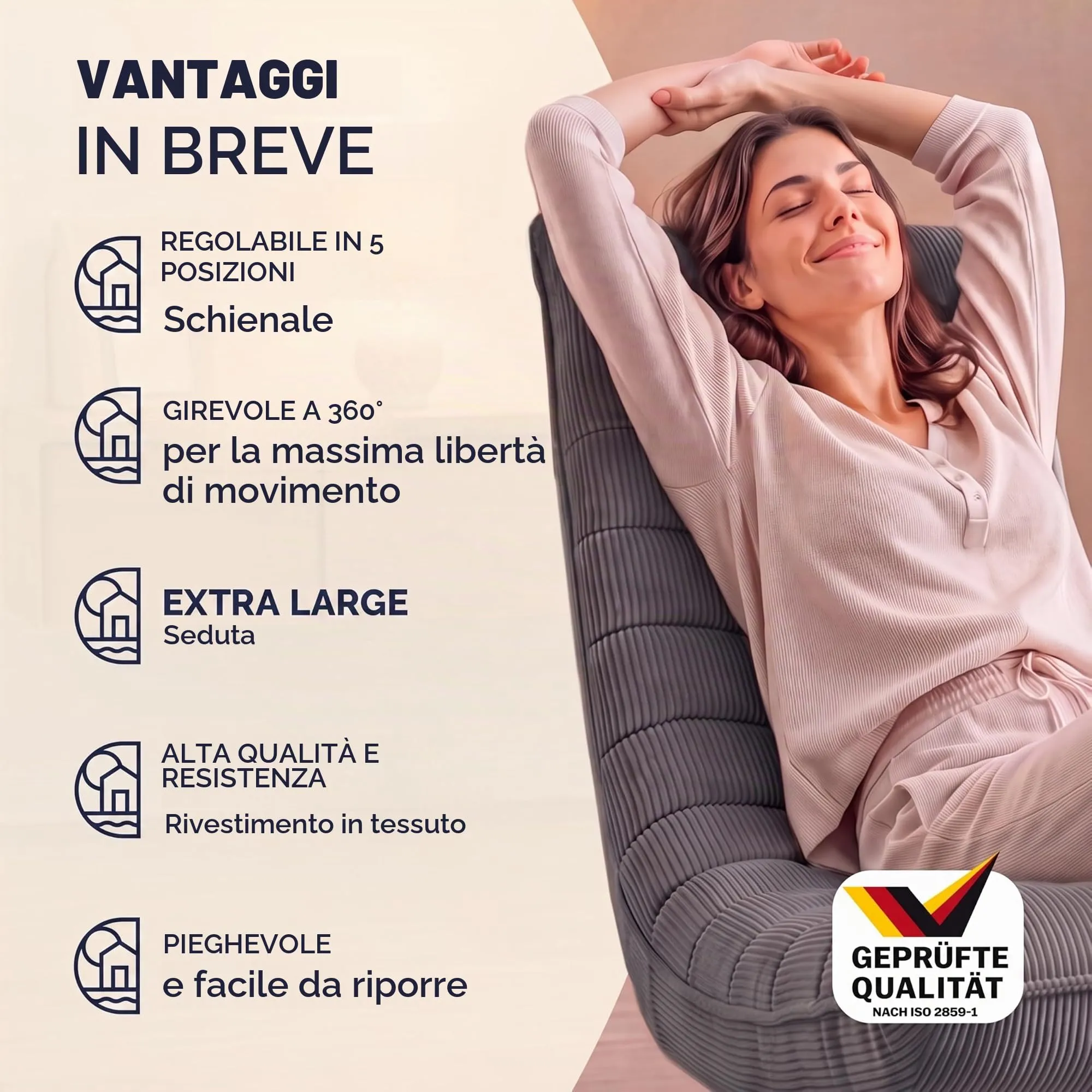 CASARIA Poltrona Relax Aberdeen Girevole a 360° con Schienale Regolabile in Velluto a Coste, Grigio - immagine 6