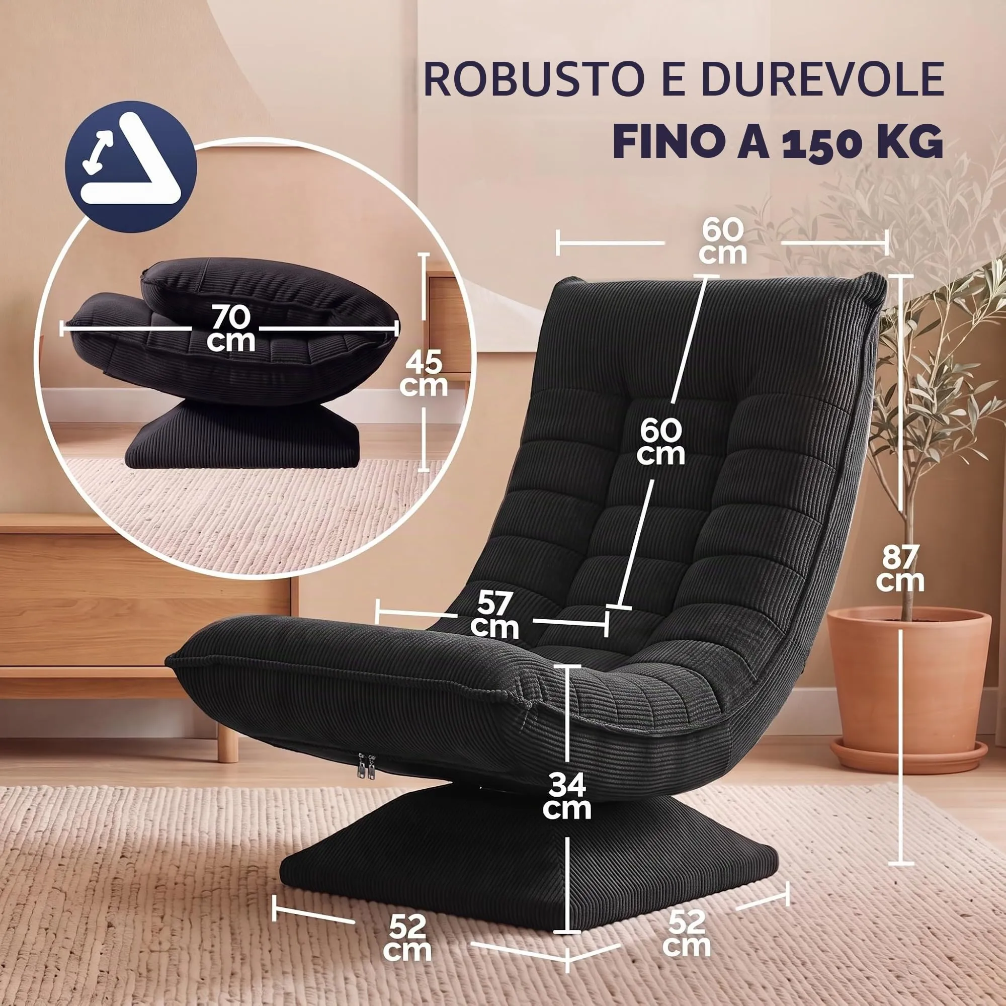 CASARIA Poltrona Relax Aberdeen, Schienale Regolabile, Velluto Nero - immagine 2