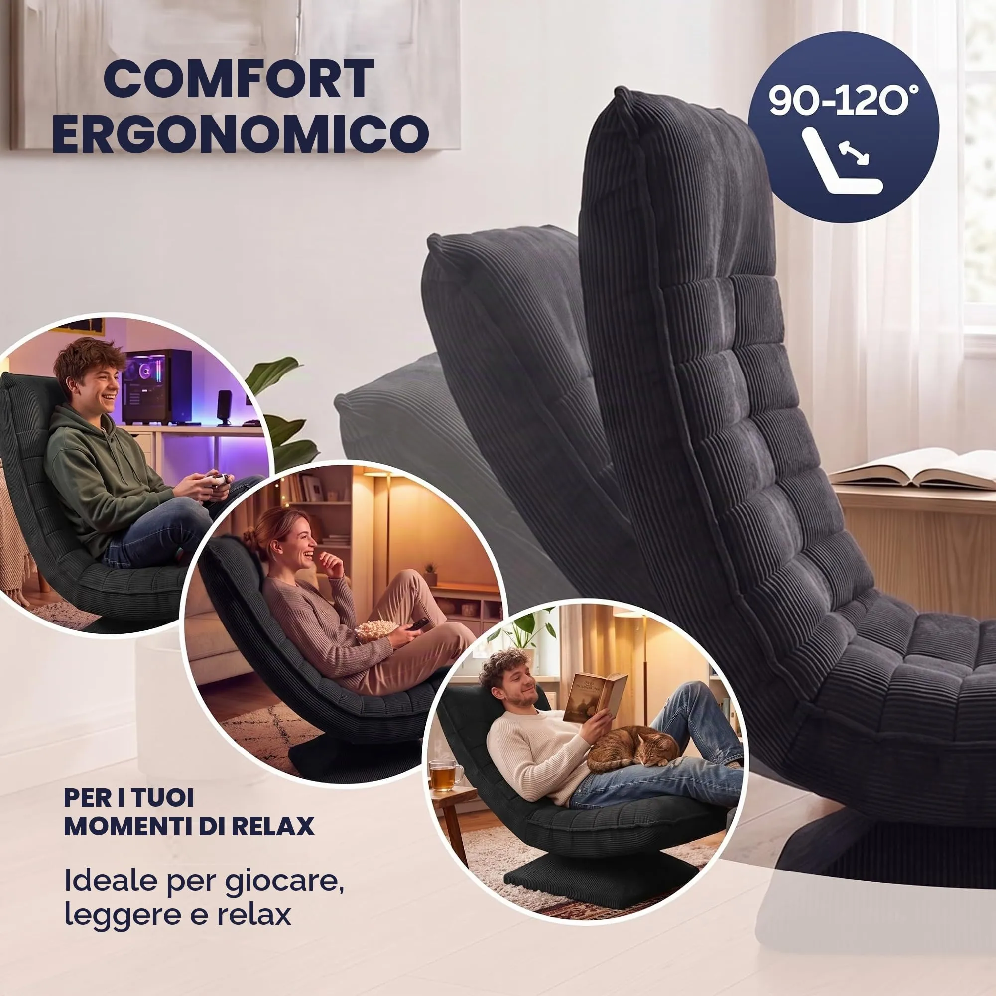CASARIA Poltrona Relax Aberdeen, Schienale Regolabile, Velluto Nero - immagine 4
