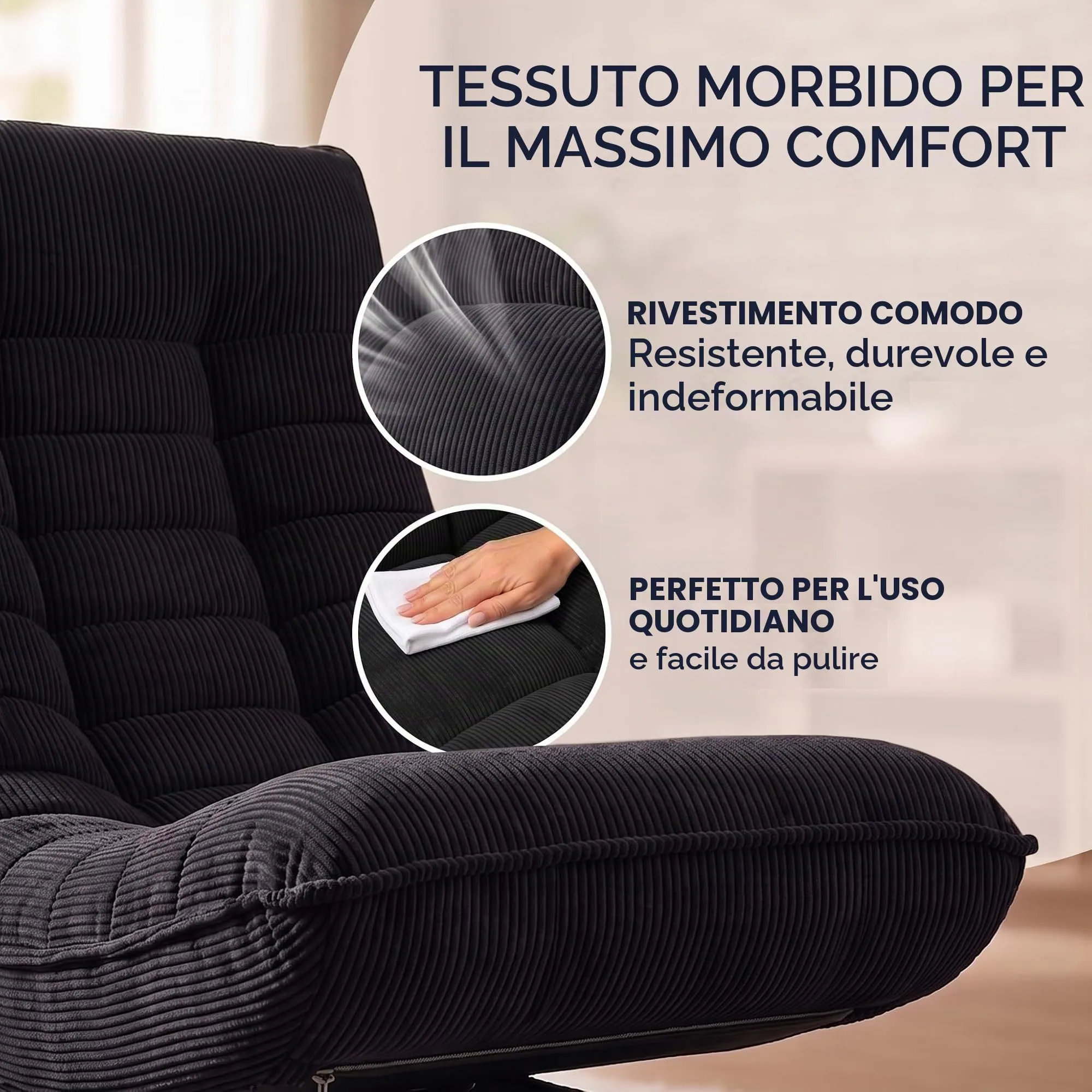 CASARIA Poltrona Relax Aberdeen, Schienale Regolabile, Velluto Nero - immagine 5