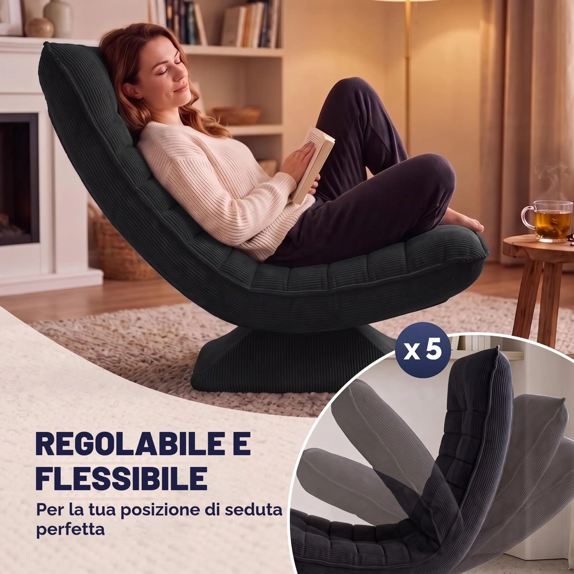 CASARIA Poltrona Relax Aberdeen, Schienale Regolabile, Velluto Nero - immagine 6