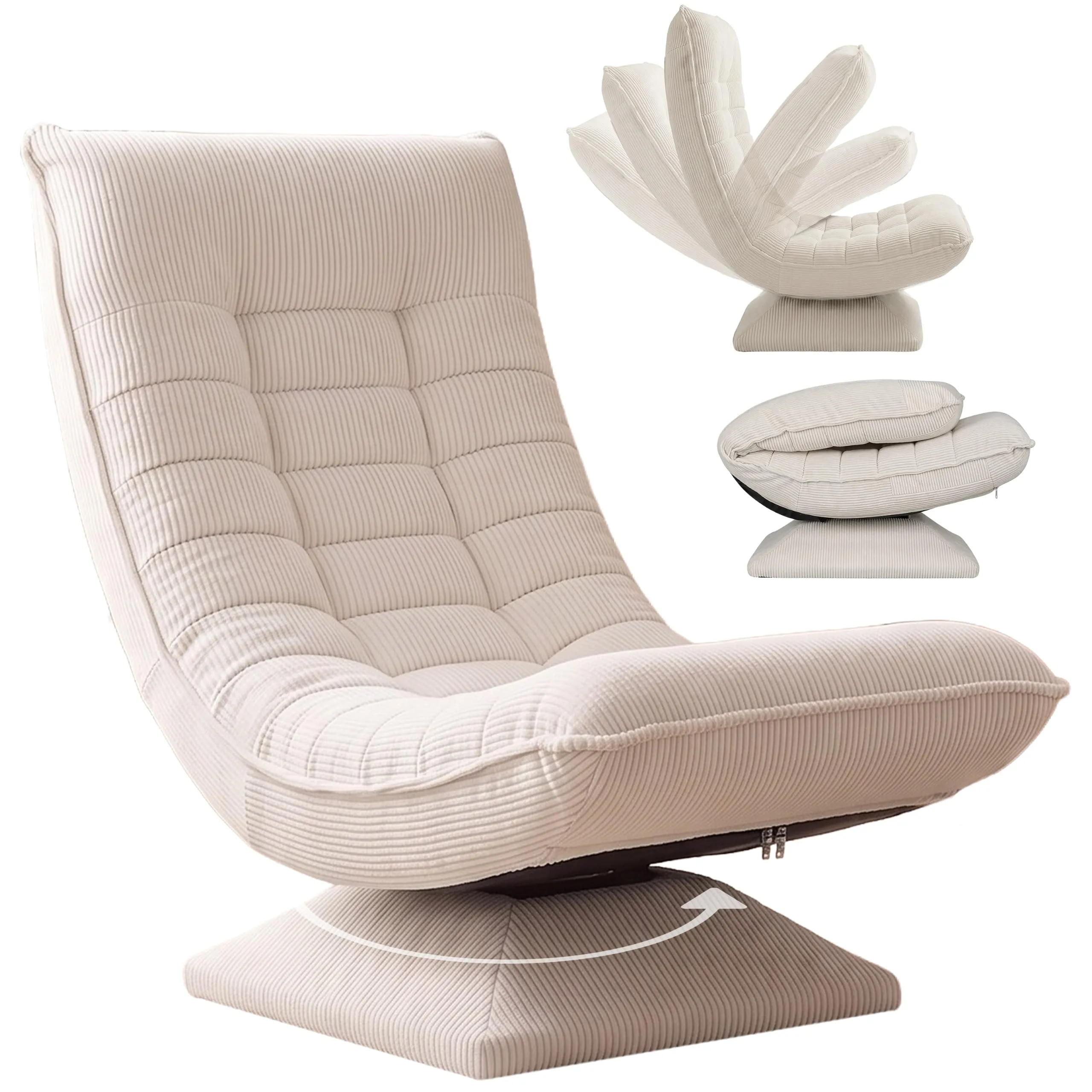 CASARIA Aberdeen Poltrona Relax Girevole a 360°, Schienale Regolabile, Velluto a Coste, Color Crema - immagine 1