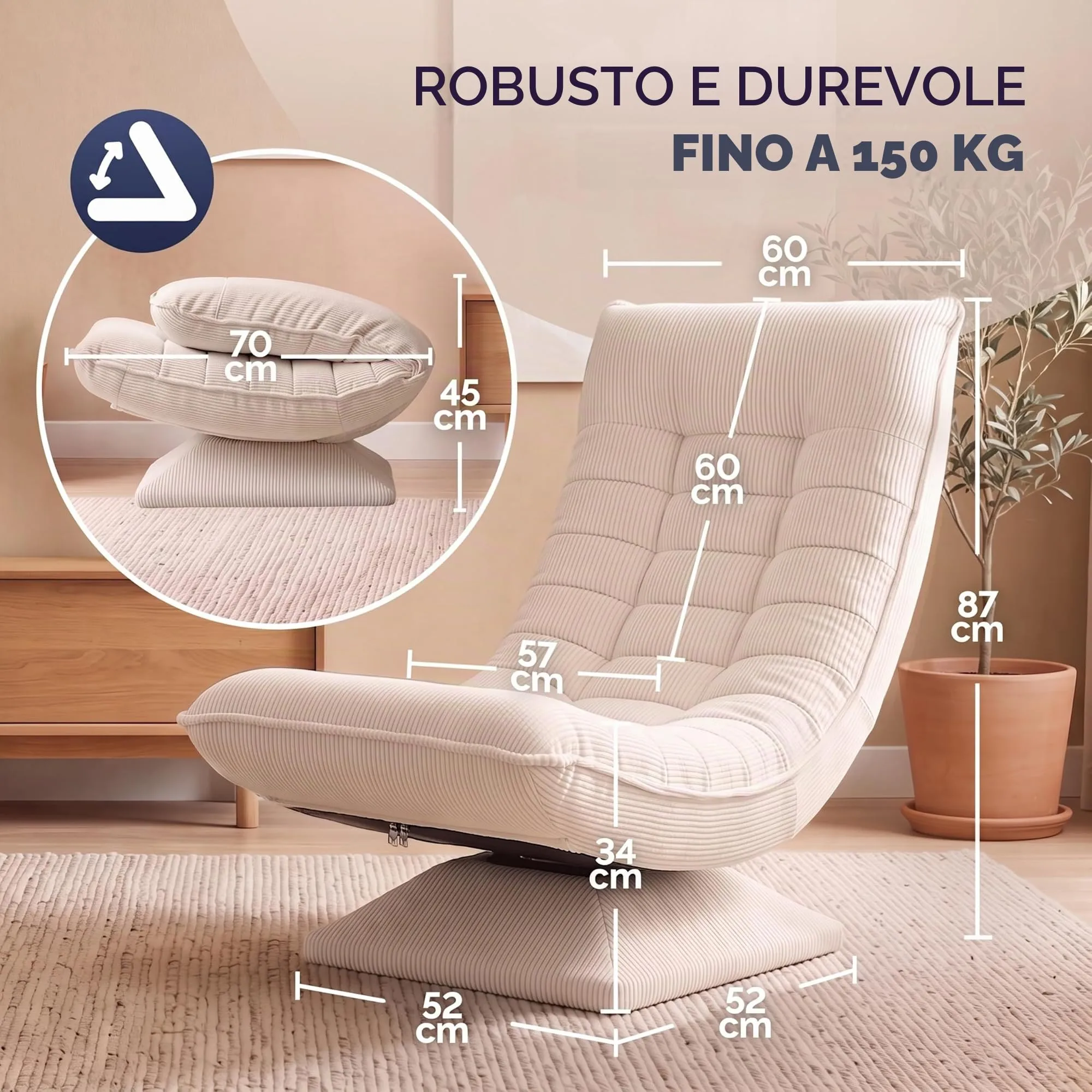 CASARIA Aberdeen Poltrona Relax Girevole a 360°, Schienale Regolabile, Velluto a Coste, Color Crema - immagine 2