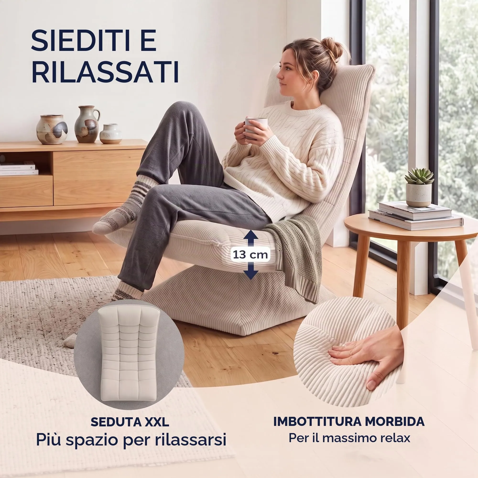 CASARIA Aberdeen Poltrona Relax Girevole a 360°, Schienale Regolabile, Velluto a Coste, Color Crema - immagine 3
