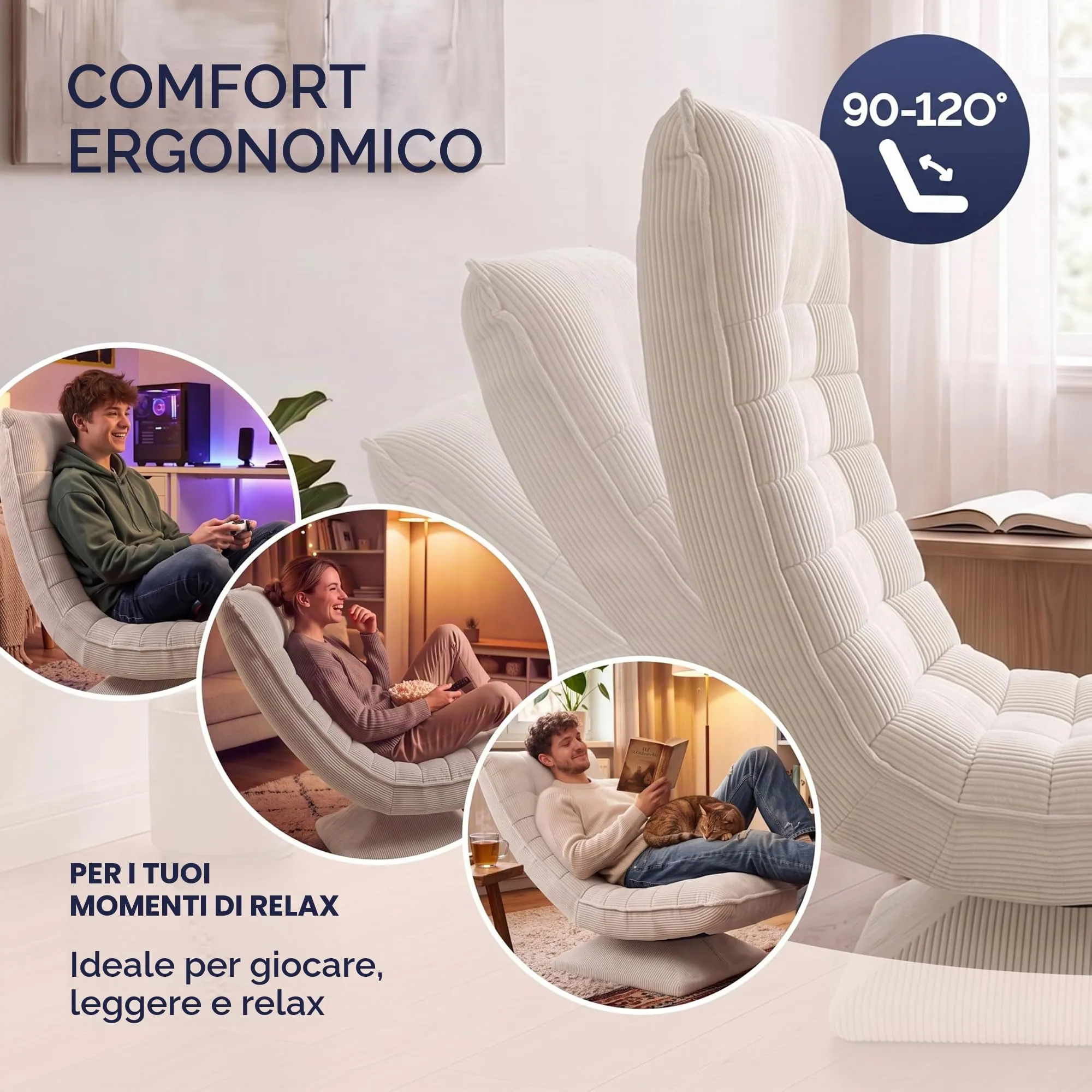 CASARIA Aberdeen Poltrona Relax Girevole a 360°, Schienale Regolabile, Velluto a Coste, Color Crema - immagine 4