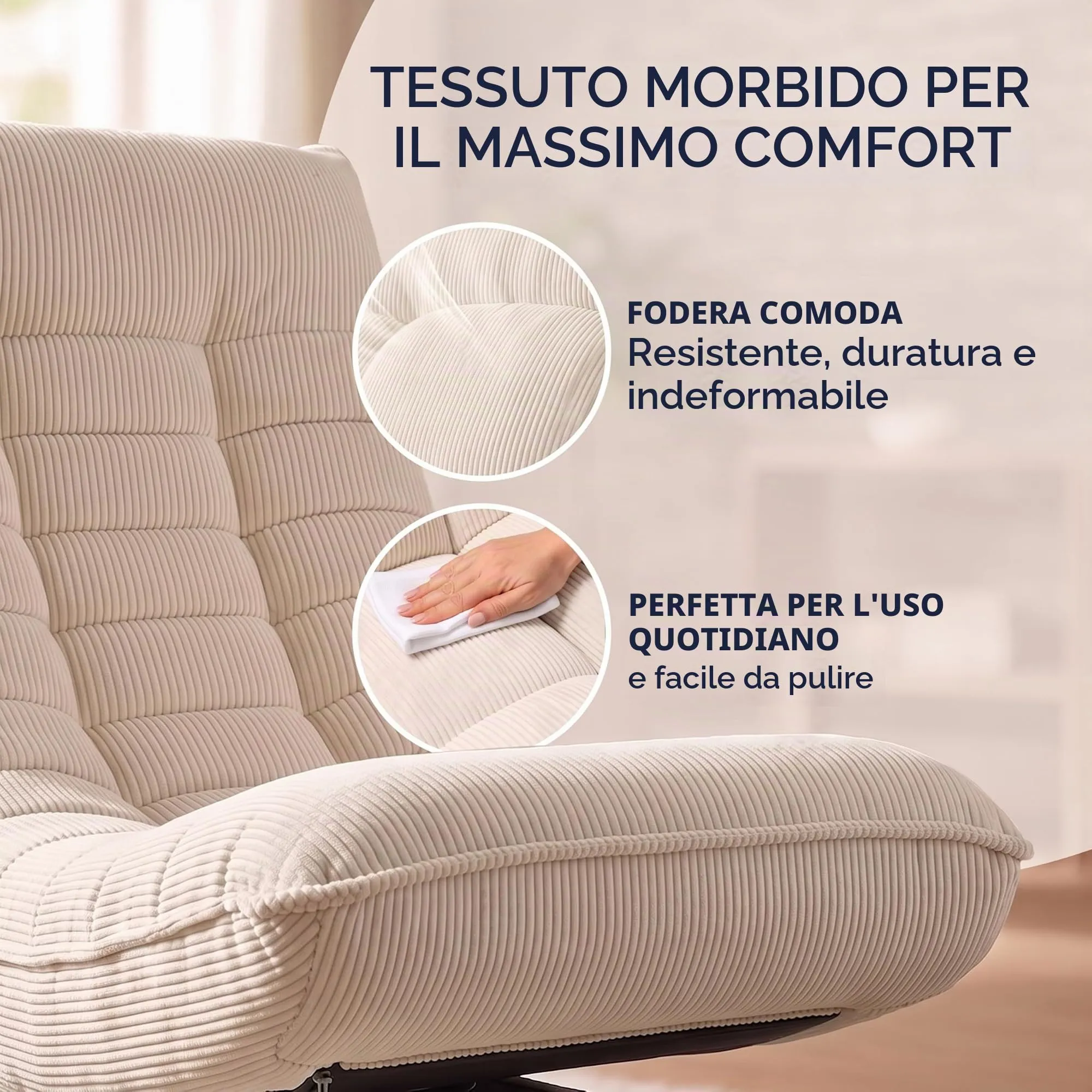 CASARIA Aberdeen Poltrona Relax Girevole a 360°, Schienale Regolabile, Velluto a Coste, Color Crema - immagine 5