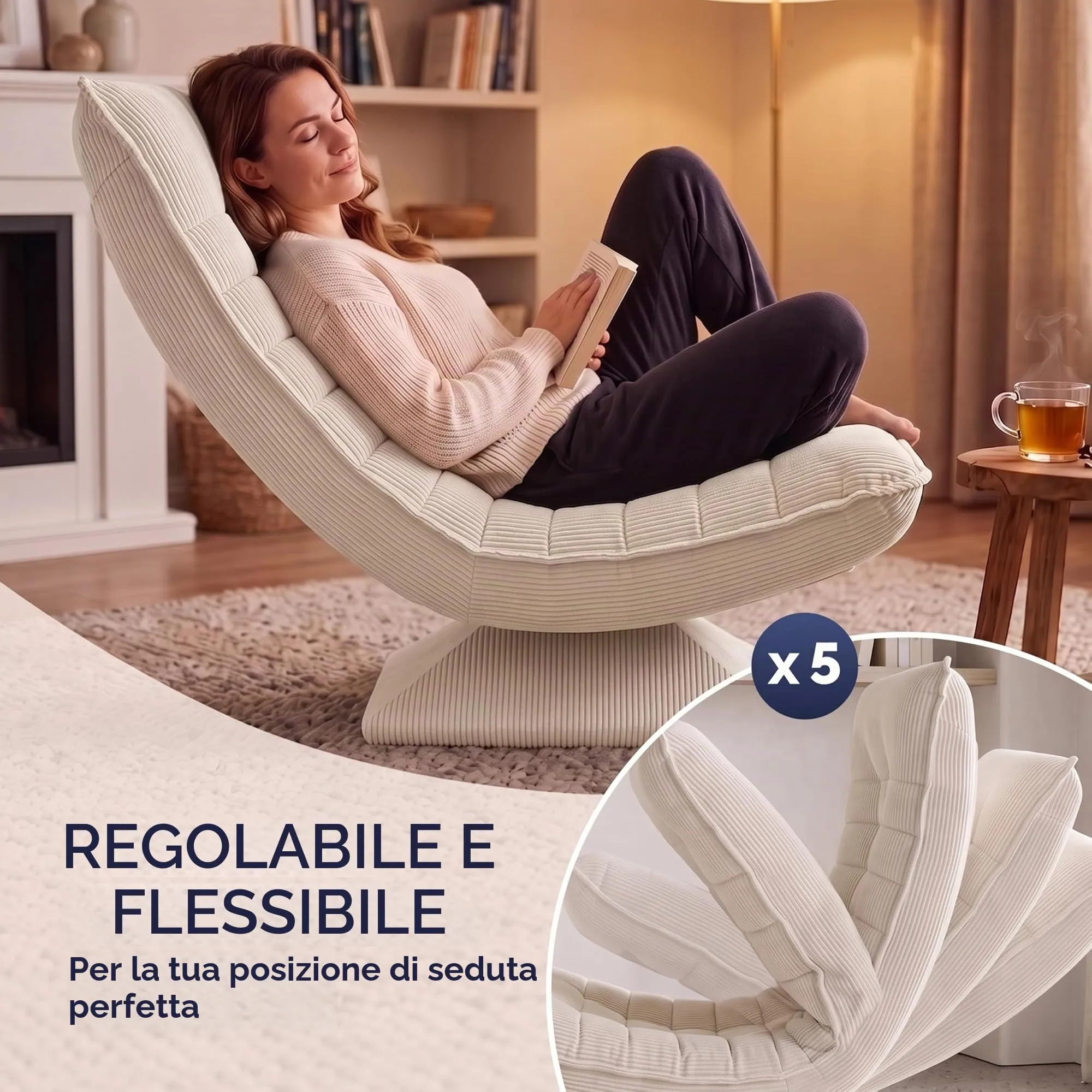 CASARIA Aberdeen Poltrona Relax Girevole a 360°, Schienale Regolabile, Velluto a Coste, Color Crema - immagine 6