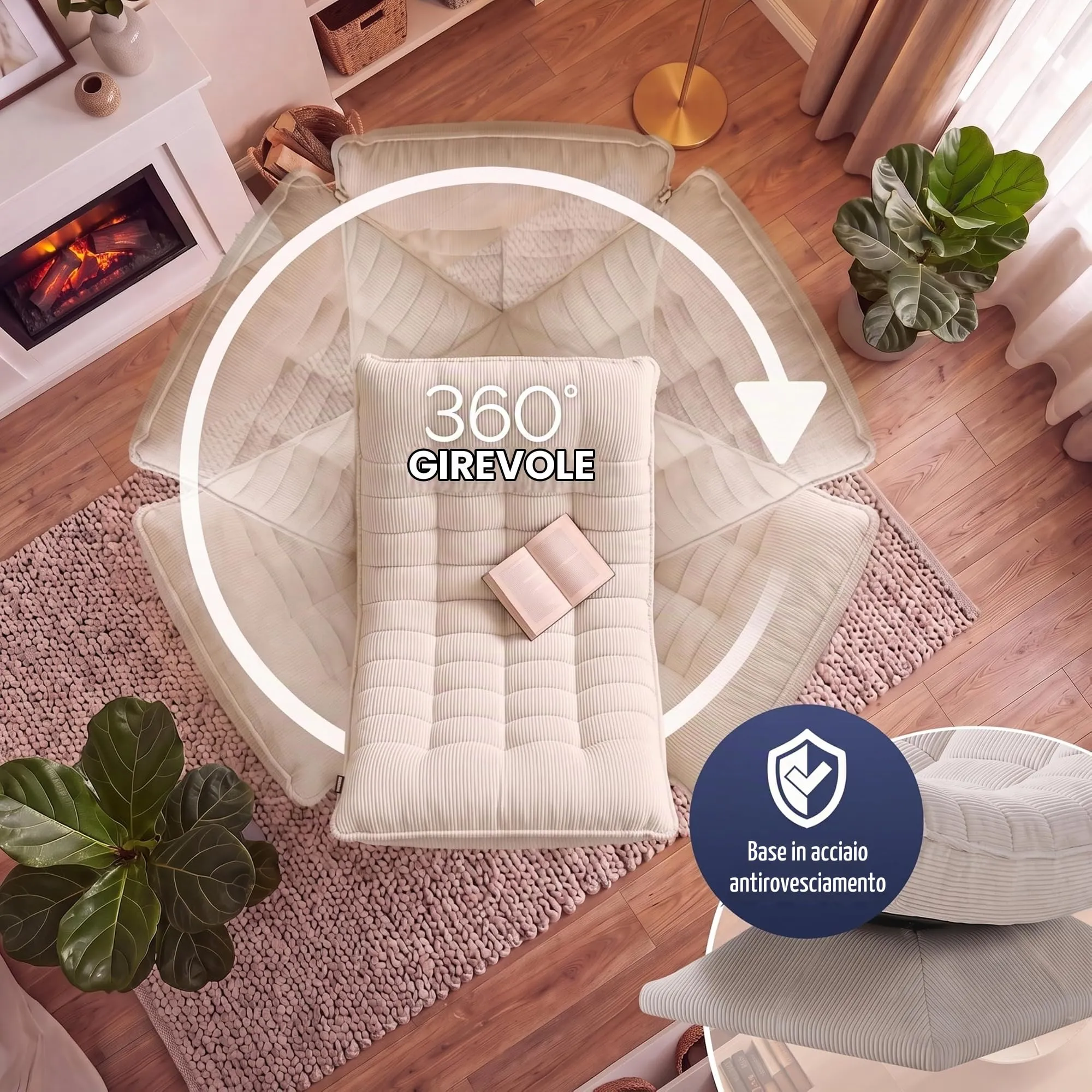 CASARIA Aberdeen Poltrona Relax Girevole a 360°, Schienale Regolabile, Velluto a Coste, Color Crema - immagine 7