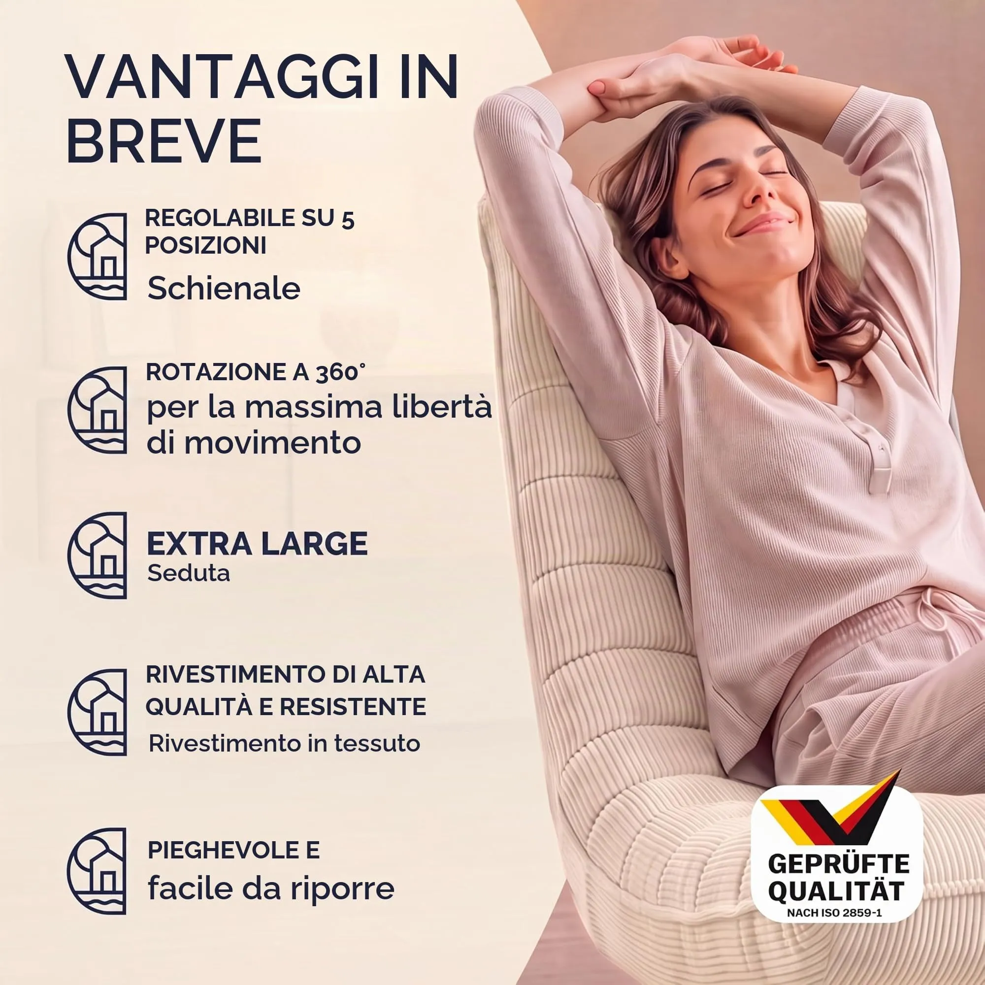 CASARIA Aberdeen Poltrona Relax Girevole a 360°, Schienale Regolabile, Velluto a Coste, Color Crema - immagine 8