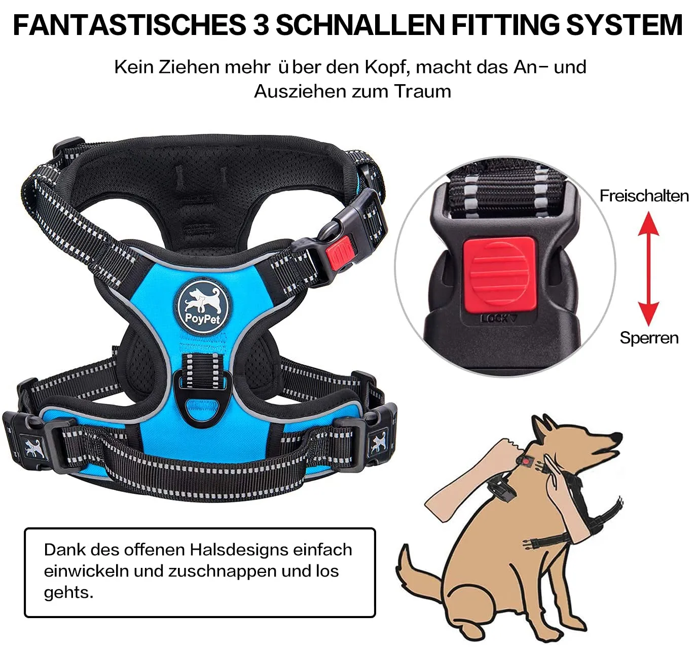 PoyPet Imbracatura per cani anti-trazione riflettente con manico, Blu, S - immagine 3