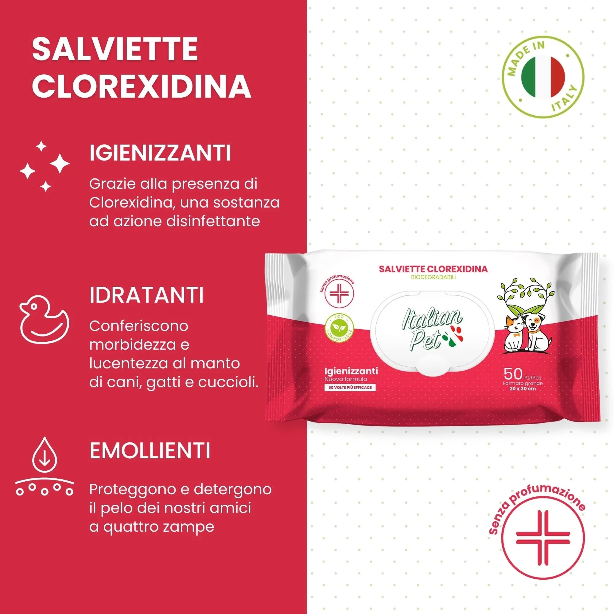 Italian Pet Salviette Biodegradabili alla Clorexidina per Cani e Gatti, 50 pz 20x30 cm - immagine 3