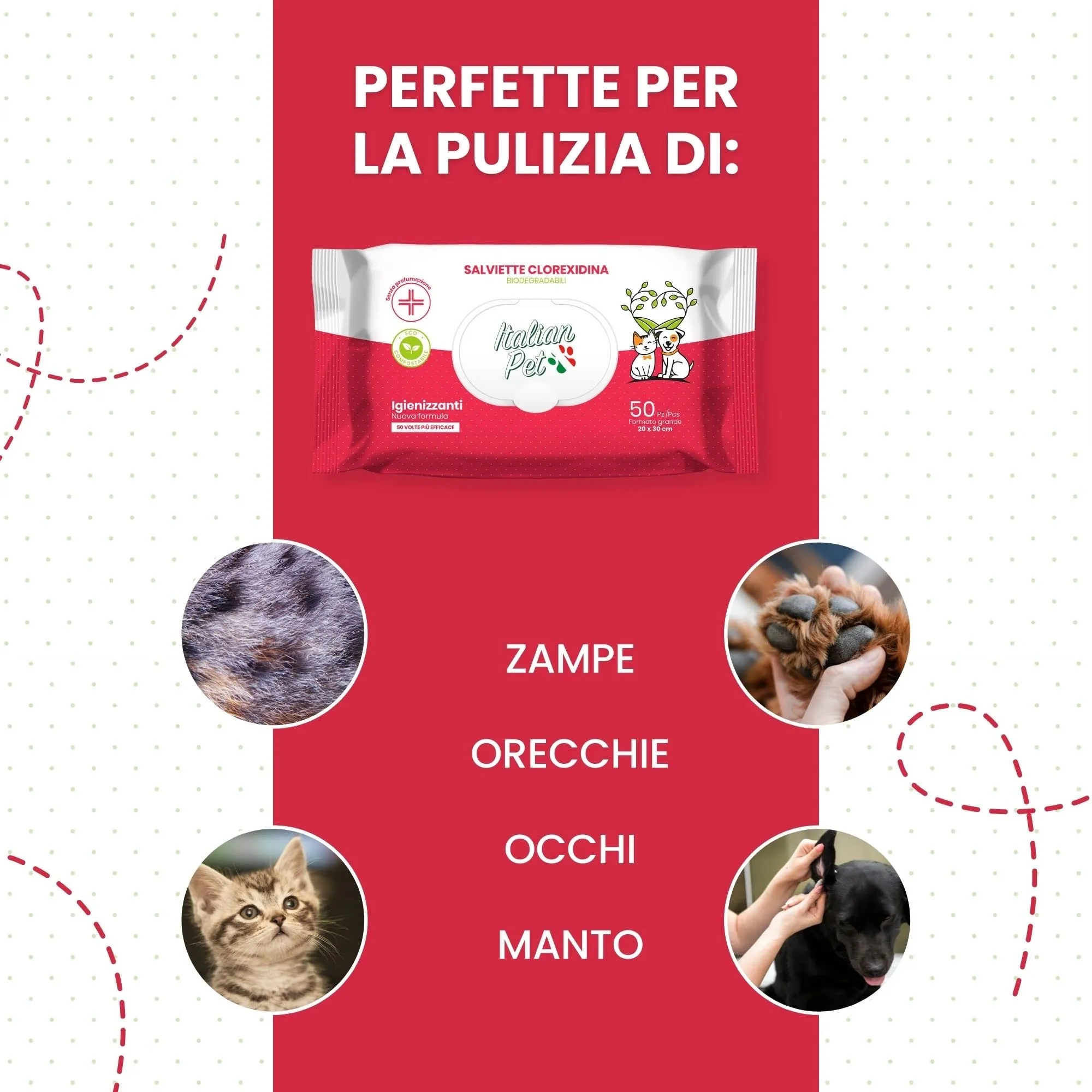 Italian Pet Salviette Biodegradabili alla Clorexidina per Cani e Gatti, 50 pz 20x30 cm - immagine 5