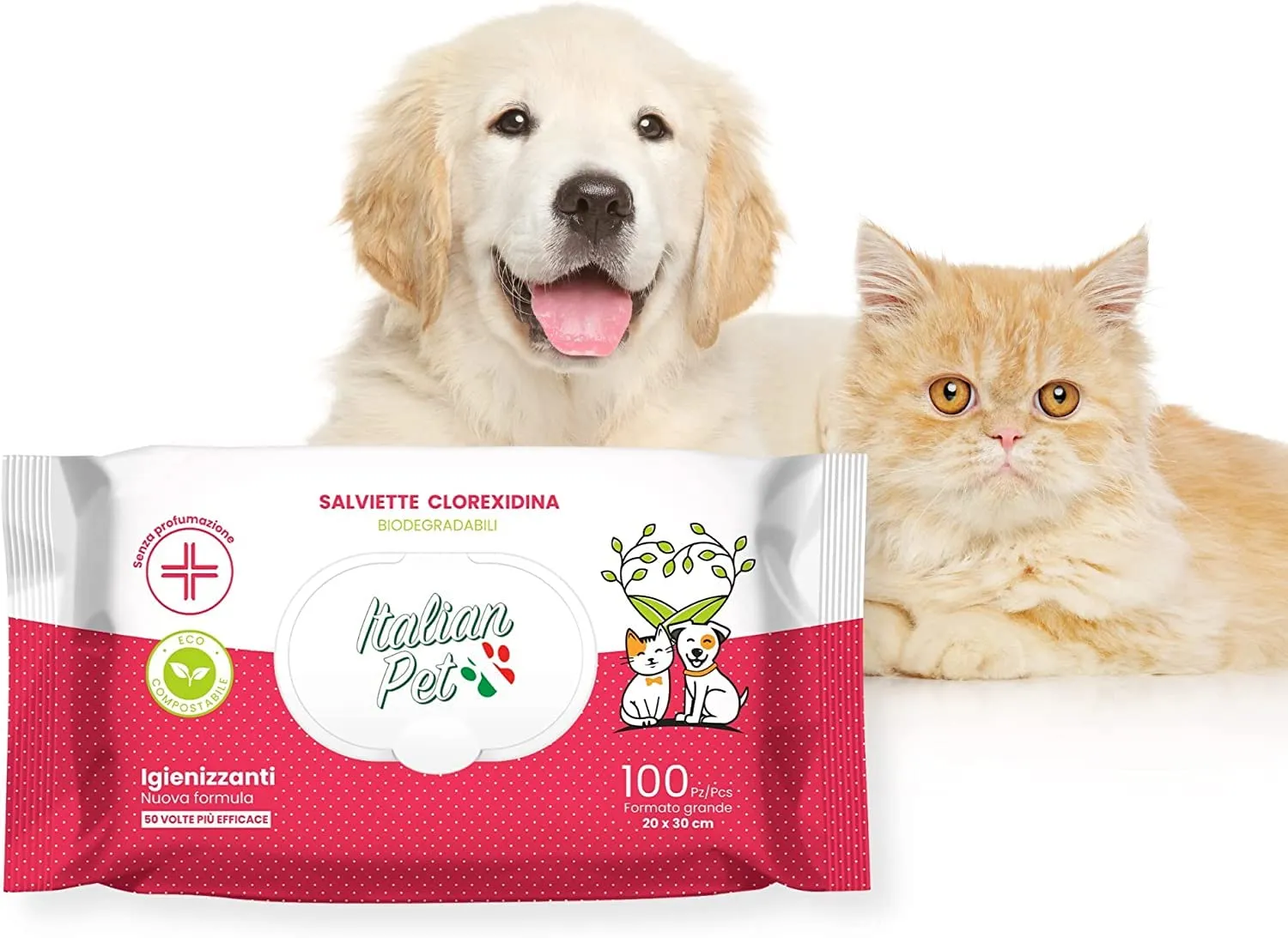 Italian Pet Salviette Biodegradabili Clorexidina, Salviettine Disinfettanti per Cani e Gatti, 100 Pezzi, 20x30 cm - immagine 1