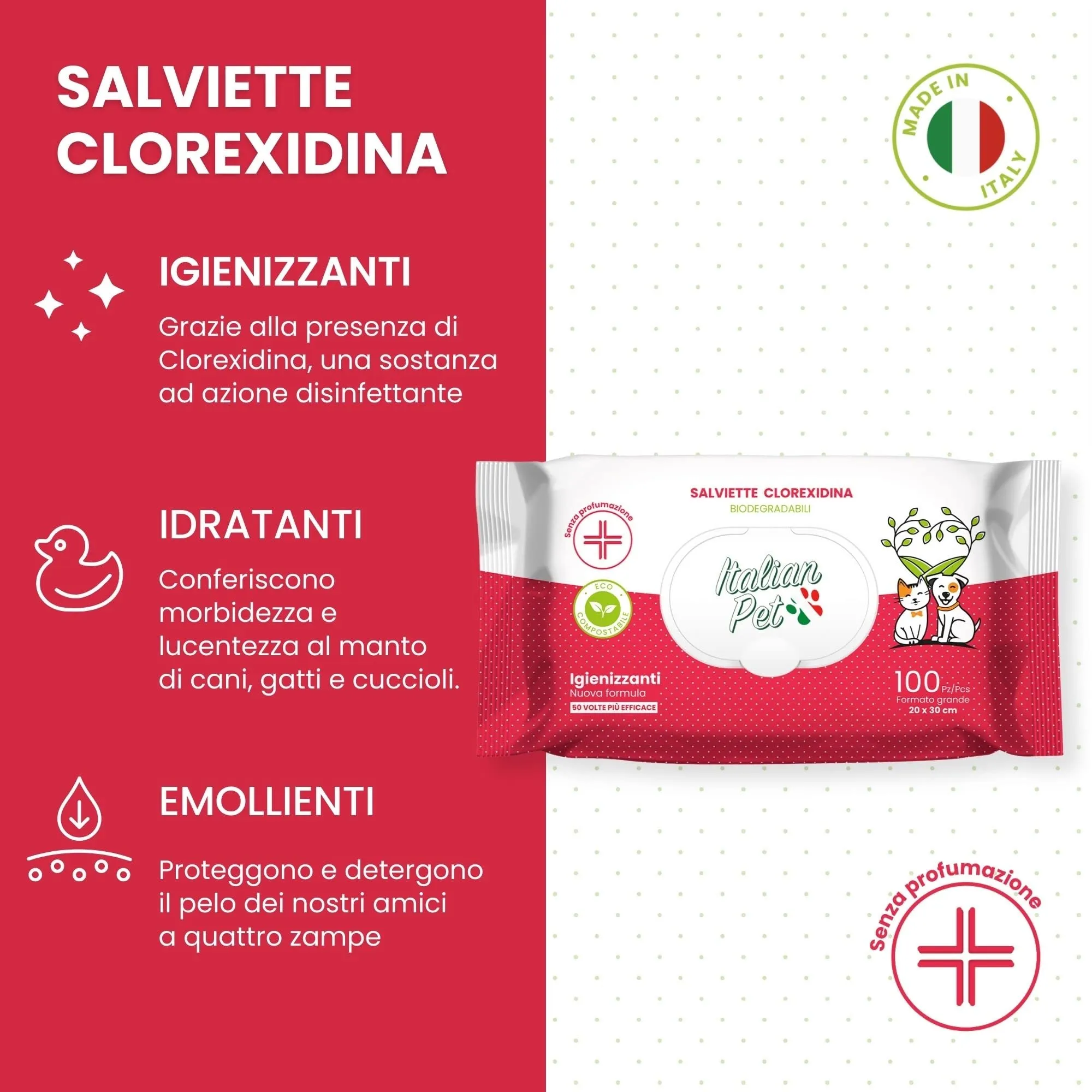 Italian Pet Salviette Biodegradabili Clorexidina, Salviettine Disinfettanti per Cani e Gatti, 100 Pezzi, 20x30 cm - immagine 3