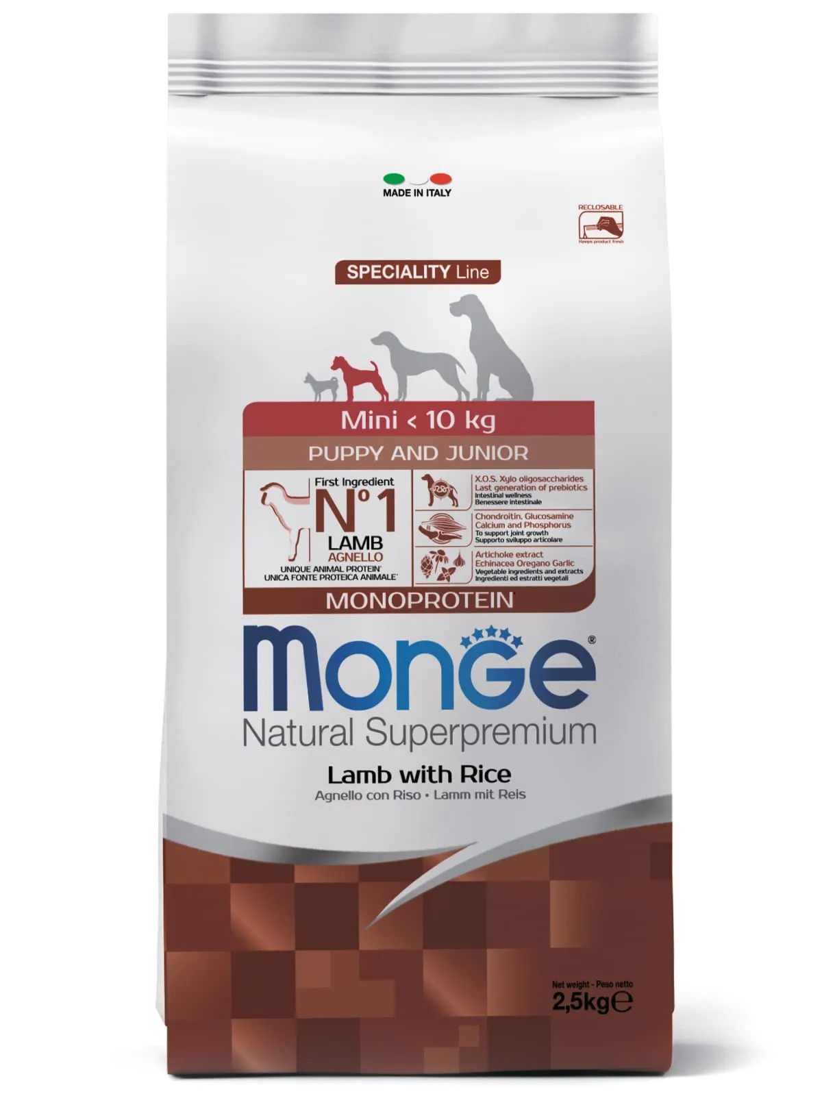 Monge Natural Superpremium Puppy and Junior Lamb and Rice Dog Food, 7.5 kg - immagine 1