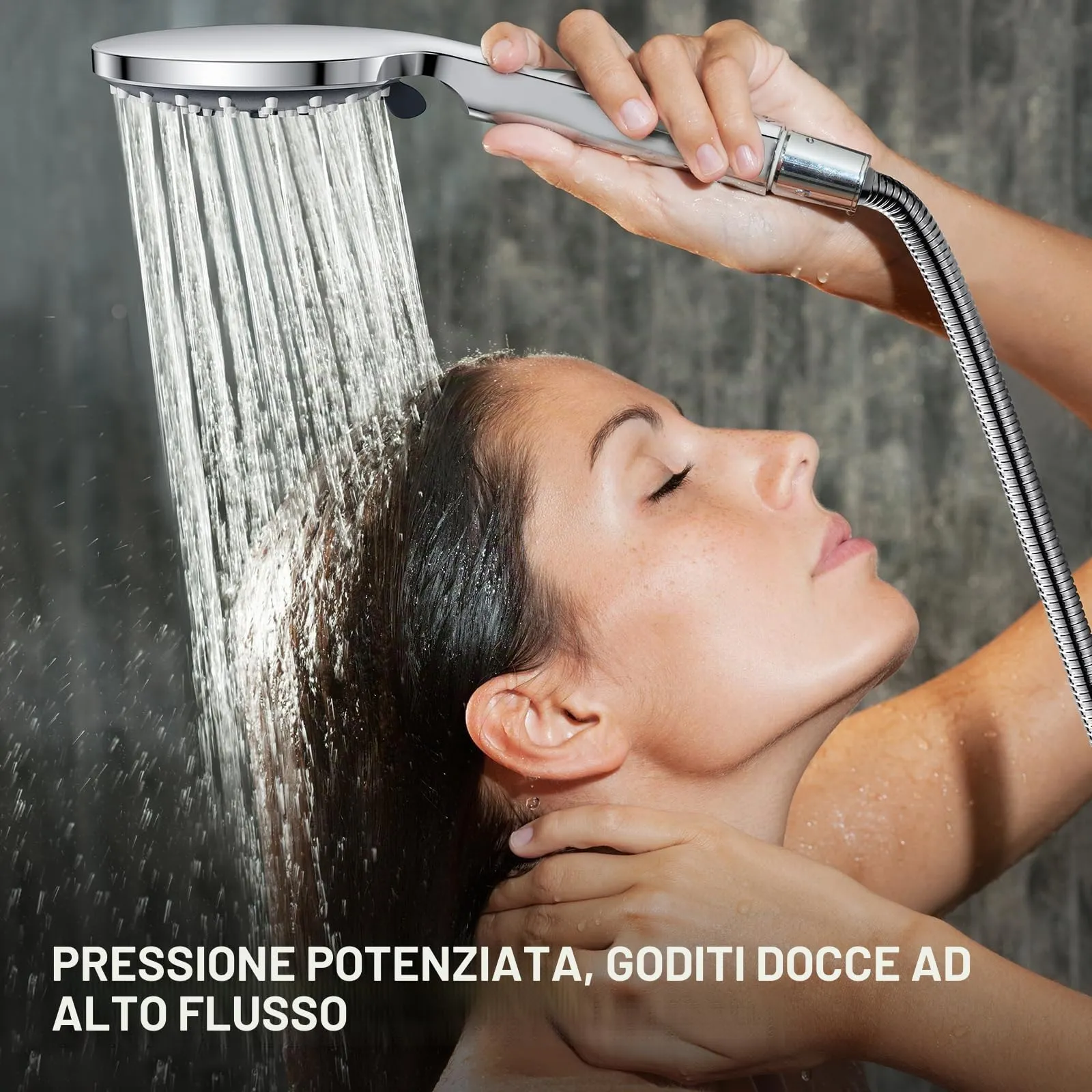 YEAUPE PRO Soffione doccia con 6 tipi di getto e tubo da 1,6 m, rotondo, anticalca - immagine 5