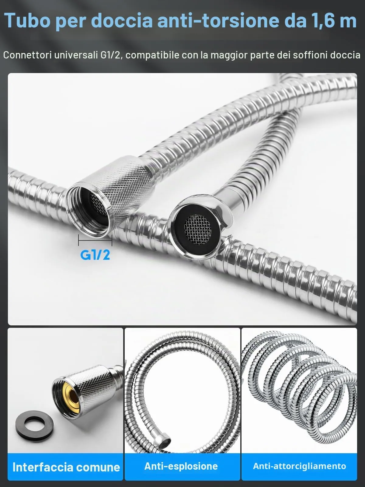 YEAUPE PRO Soffione doccia con 6 tipi di getto e tubo da 1,6 m, rotondo, anticalca - immagine 6