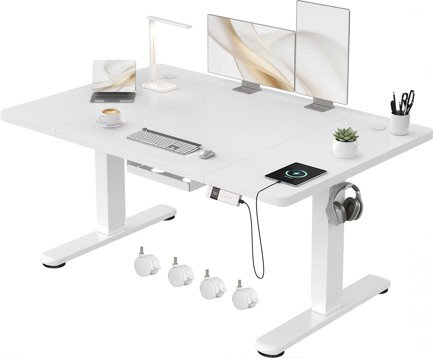 Devoko Scrivania Regolabile in Altezza 120x80 cm Bianco con Ruote - immagine 1