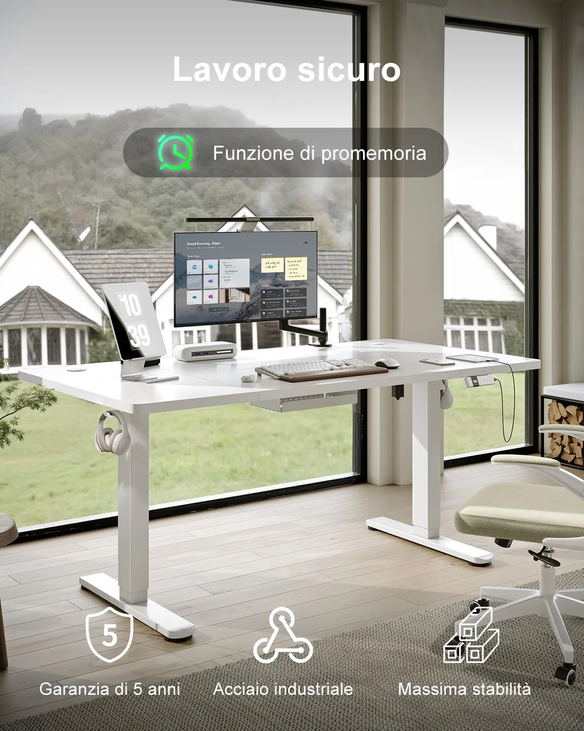 Devoko Scrivania Regolabile in Altezza 120x80 cm Bianco con Ruote - immagine 3