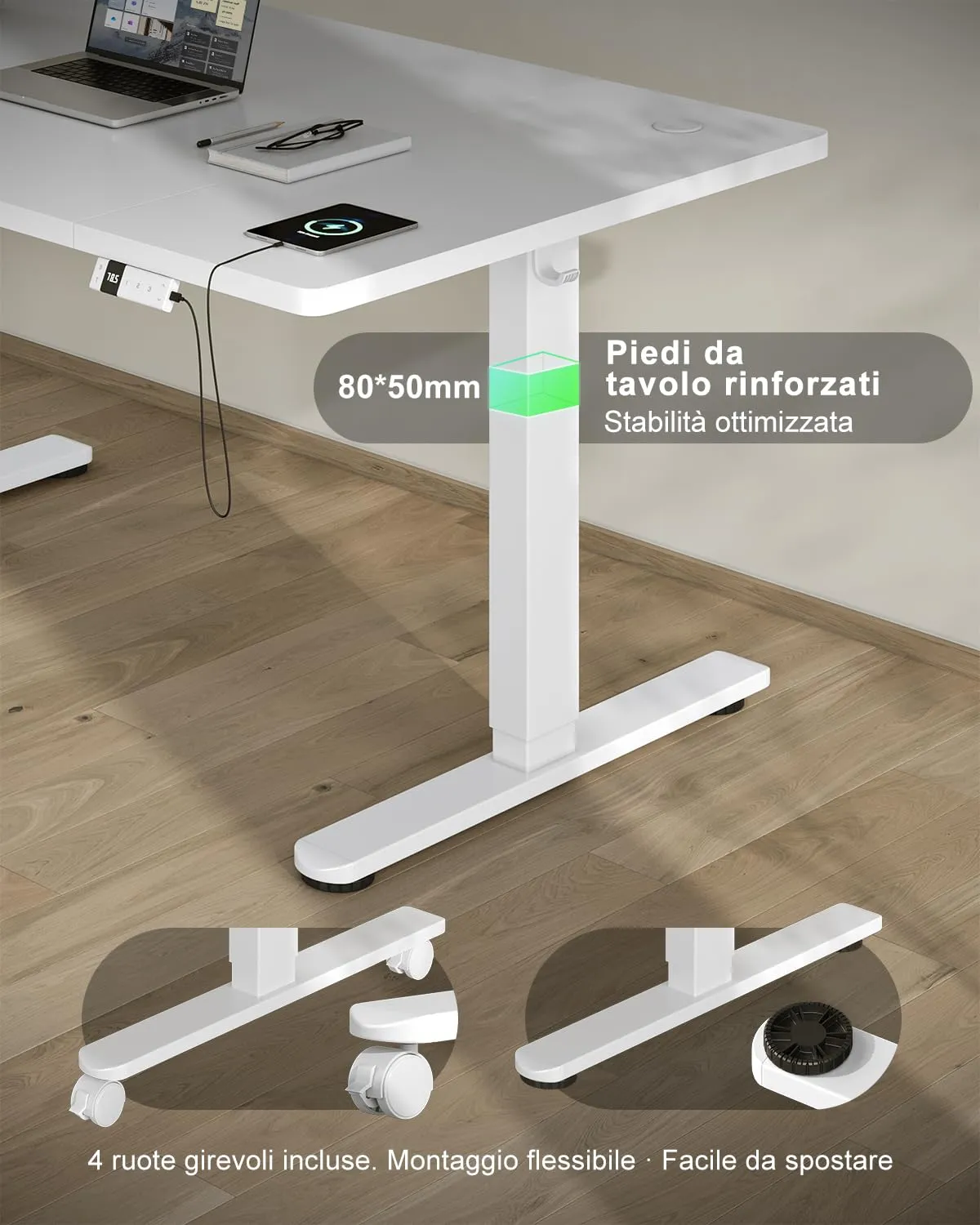 Devoko Scrivania Regolabile in Altezza 120x80 cm Bianco con Ruote - immagine 8