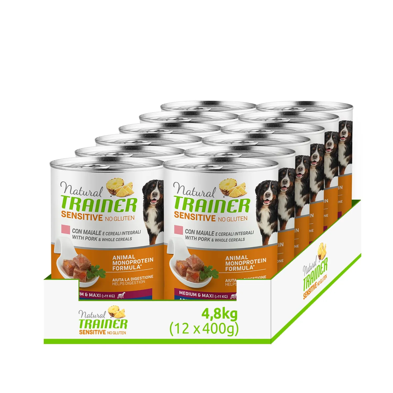 Trainer Natural Sensitive No Gluten Medium Maxi Wet Dog Food with Pork and Whole Grains, 12 x 400 g - immagine 1