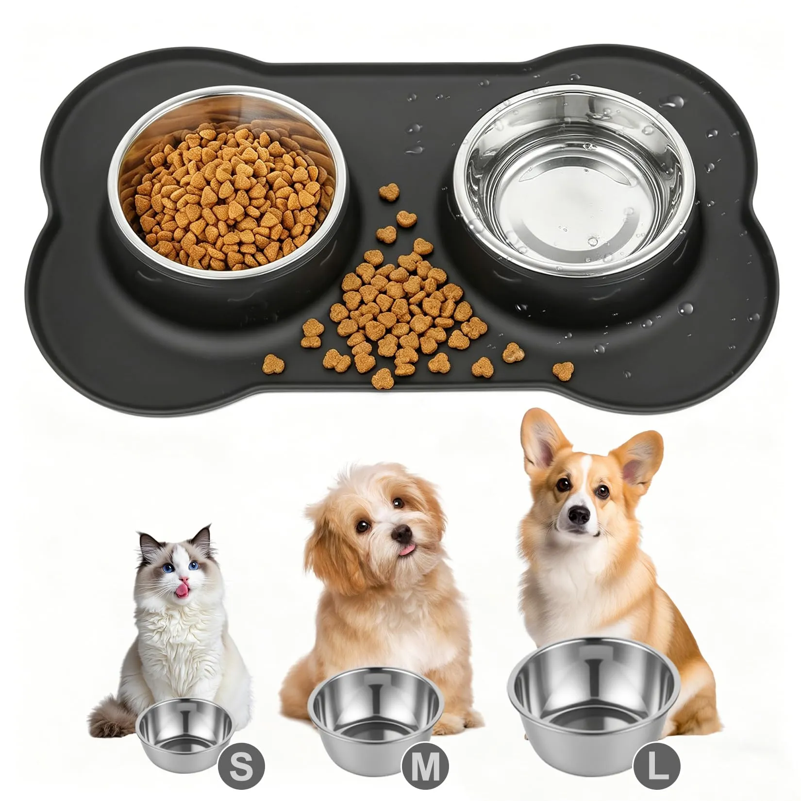 Liuliushun Futternapf Set für Hunde und Katzen aus Edelstahl mit rutschfester Silikonunterlage, S 36 x 21 cm - immagine 1