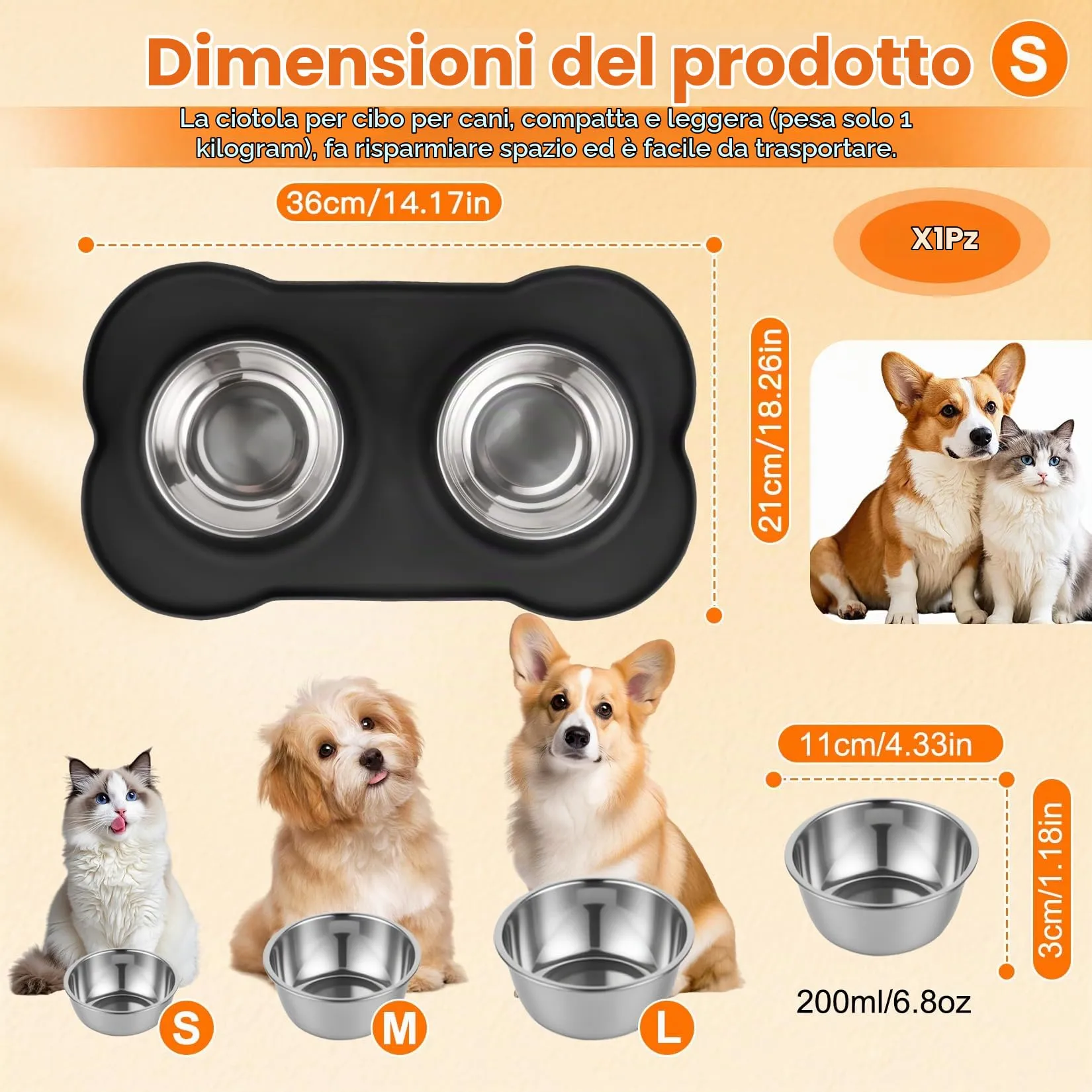 Liuliushun Futternapf Set für Hunde und Katzen aus Edelstahl mit rutschfester Silikonunterlage, S 36 x 21 cm - immagine 2
