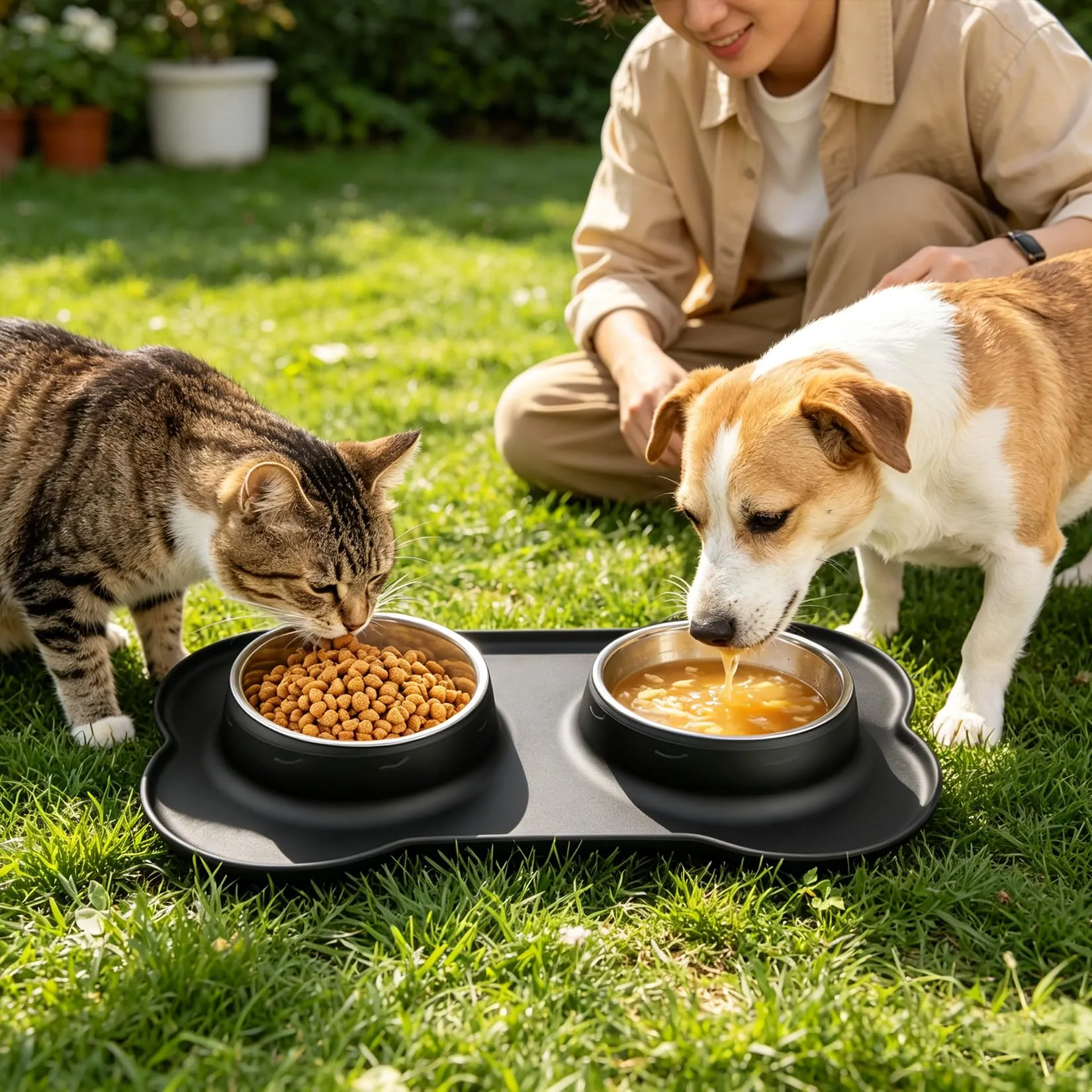 Liuliushun Futternapf Set für Hunde und Katzen aus Edelstahl mit rutschfester Silikonunterlage, S 36 x 21 cm - immagine 6