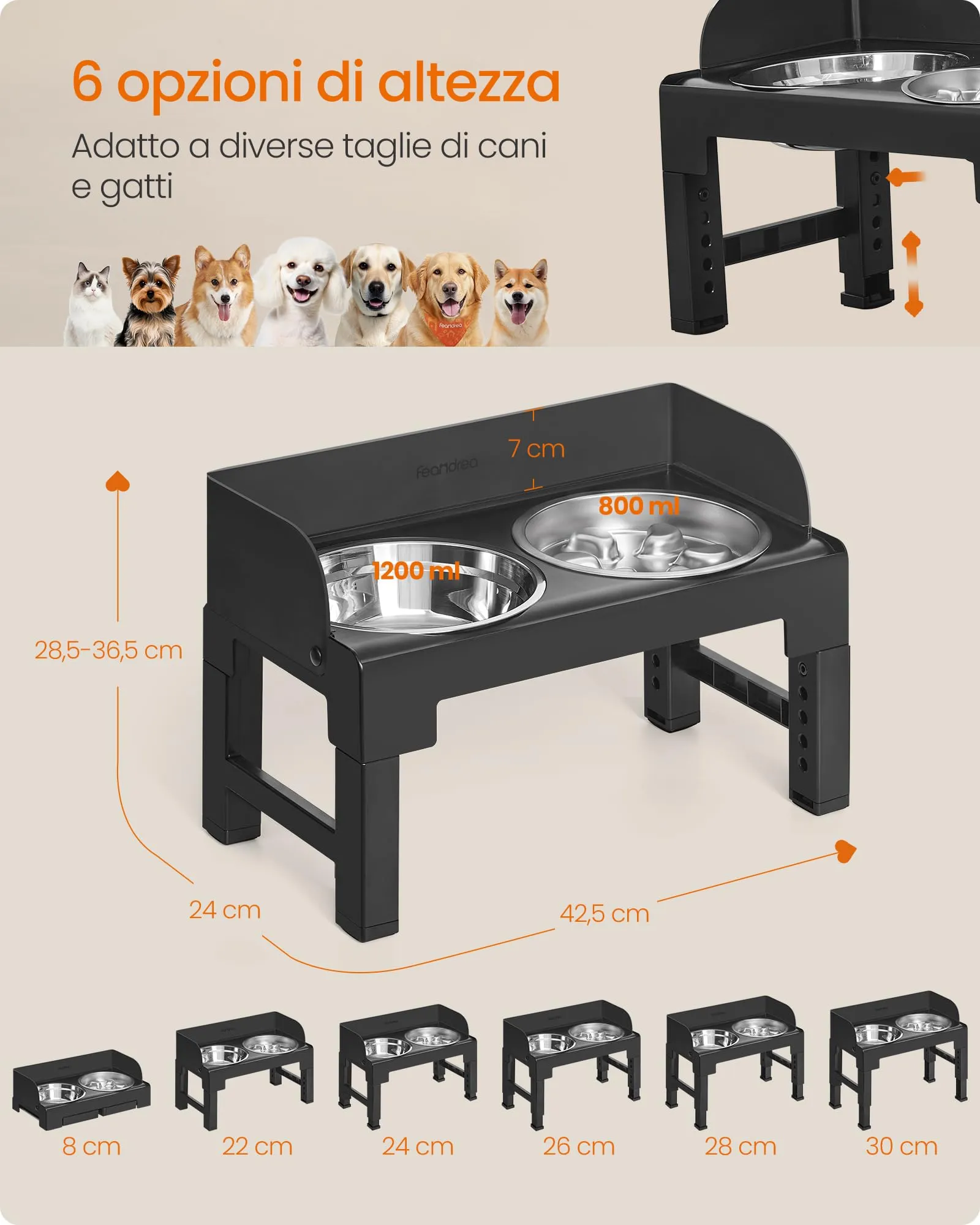 Feandrea Ciotole per Cani Rialzate con Supporto Regolabile in Altezza, Nero - immagine 6