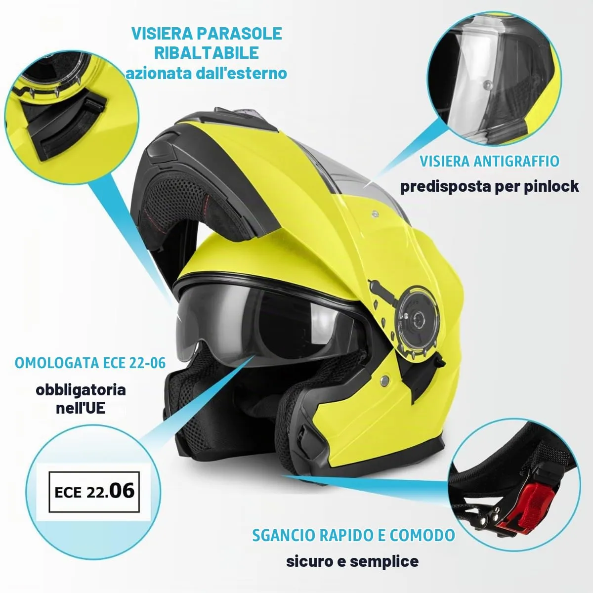 Vinz Santos Casco Modulare Moto & Scooter, Doppia Visiera, ECE 22.06, Pinlock Preparato, Giallo Fluorescente, Taglia XL - immagine 2