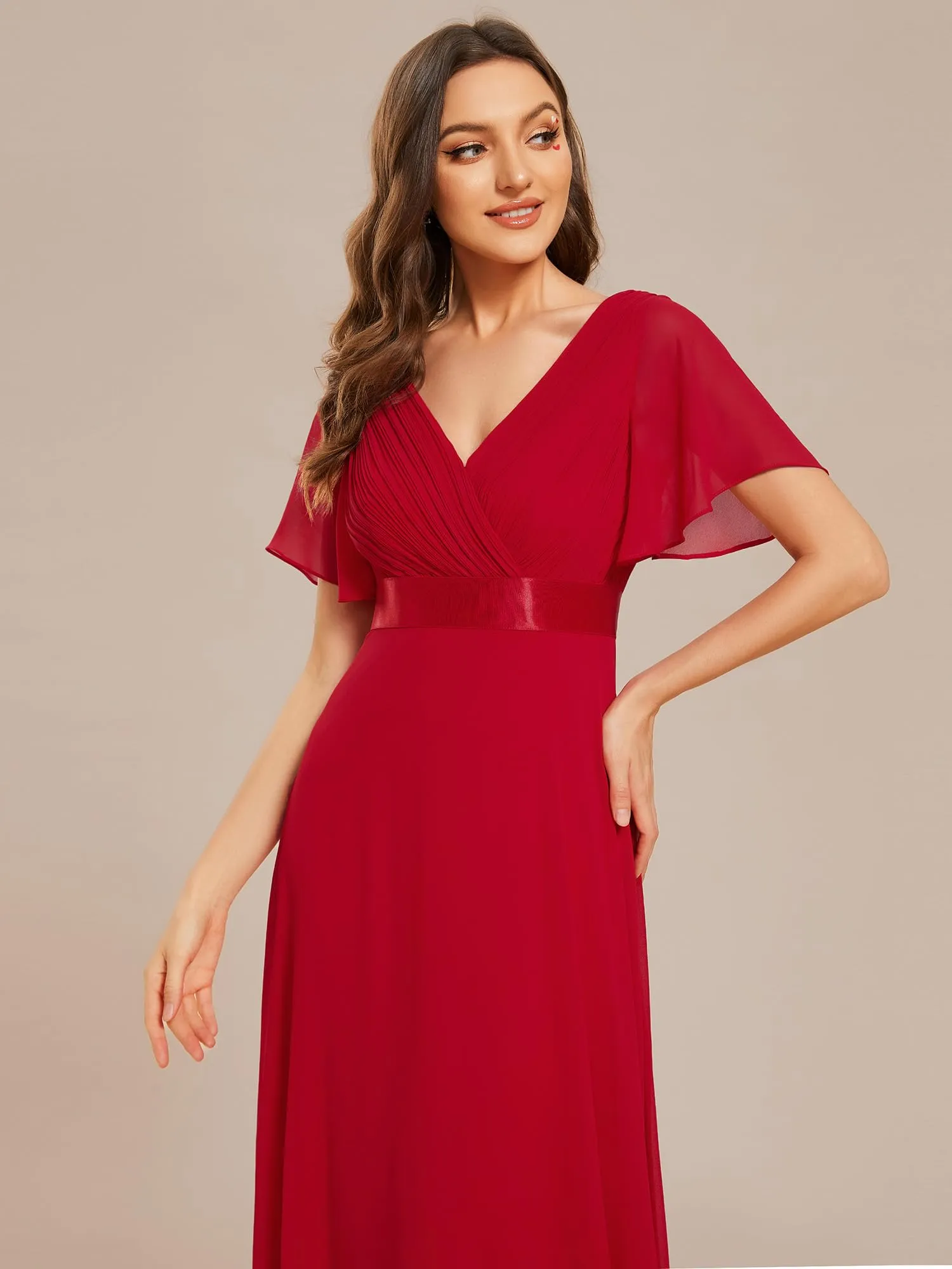 Ever-Pretty Vestito da Cerimonia Donna Scollo a V Linea ad A con Spacco 09890 Rosso 36 - immagine 3