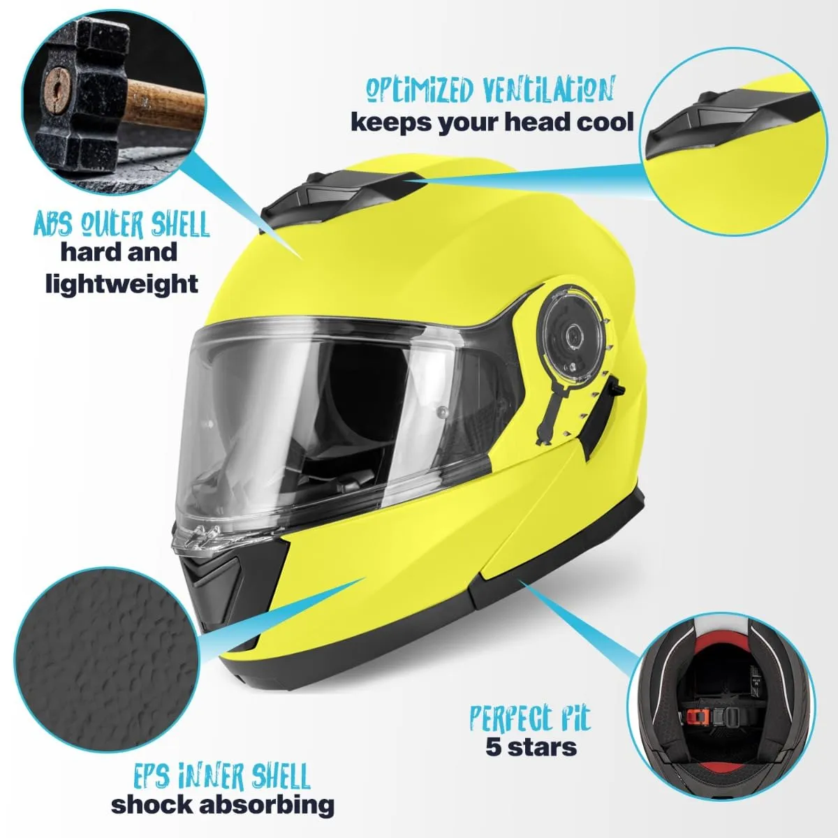 Vinz Santos Casco Modulare Moto & Scooter, Doppia Visiera, ECE 22.06, Pinlock Preparato, Giallo Fluorescente - immagine 4