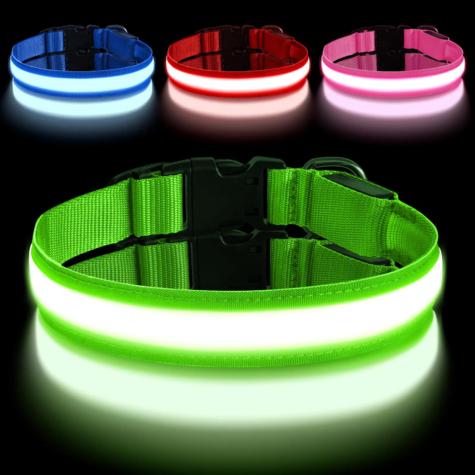 AUAUY Collare Luminoso per Cani, Ricaricabile USB, 3 Modalità, Verde, M - immagine 1