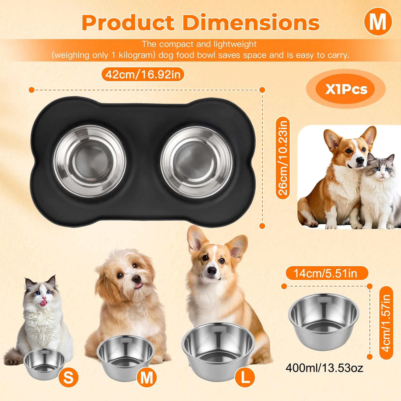 Liuliushun Set di 2 Ciotole in Acciaio Inox per Cani e Gatti con Tappetino Antiscivolo in Silicone, 42 x 26 cm - immagine 2