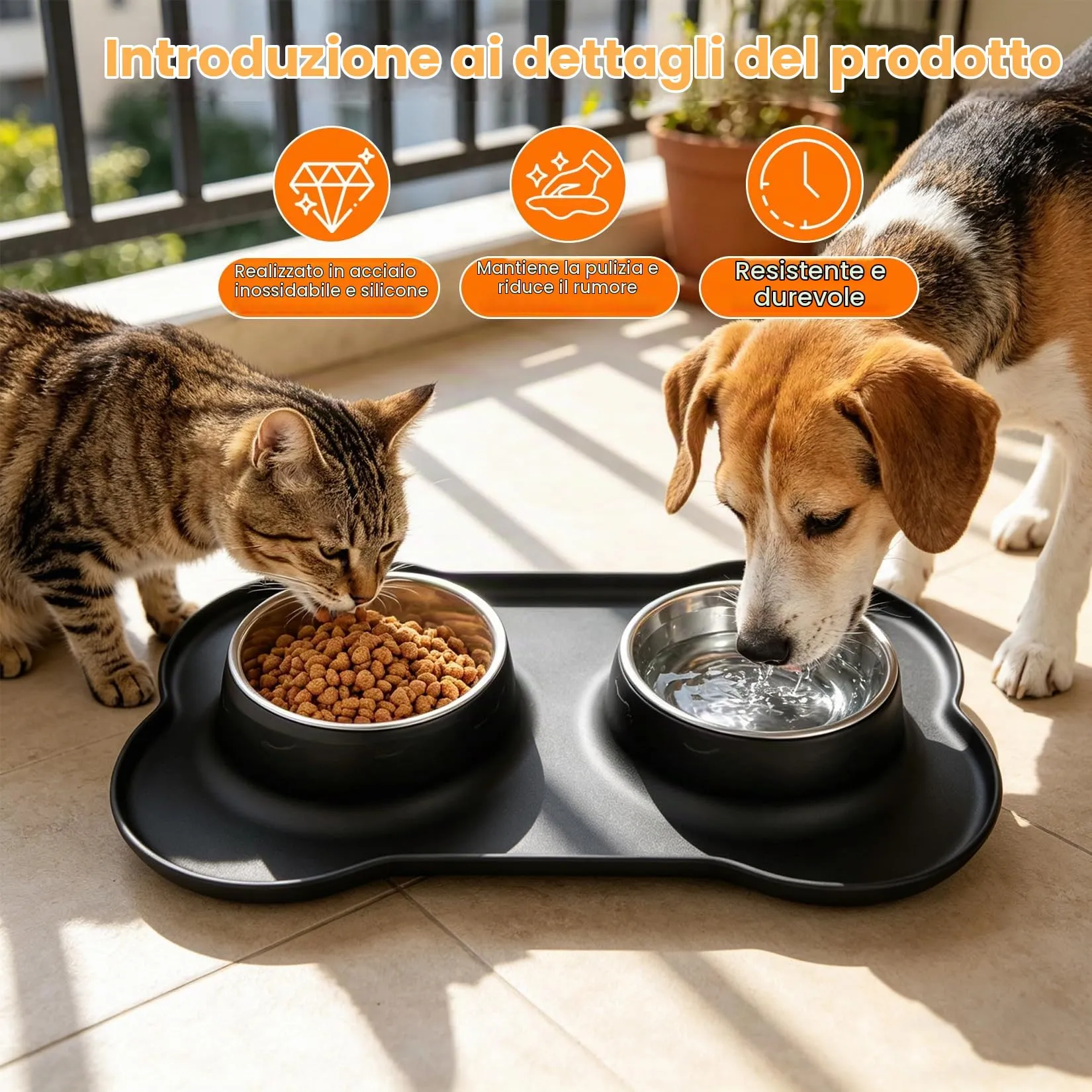 Liuliushun Set di 2 Ciotole in Acciaio Inox per Cani e Gatti con Tappetino Antiscivolo in Silicone, 42 x 26 cm - immagine 3