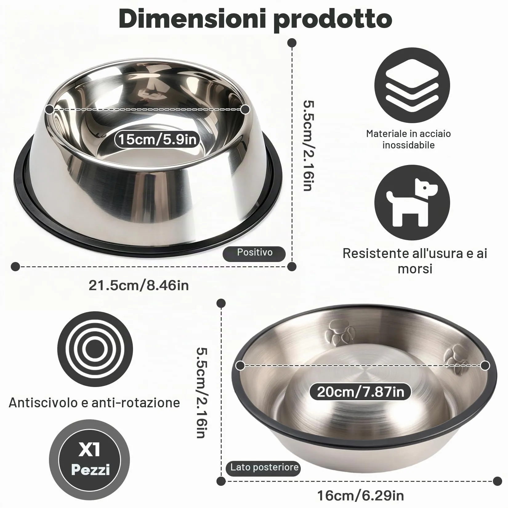 Liuliushun Ciotola per Cani in Acciaio Inox con Base in Gomma, Argento - immagine 2
