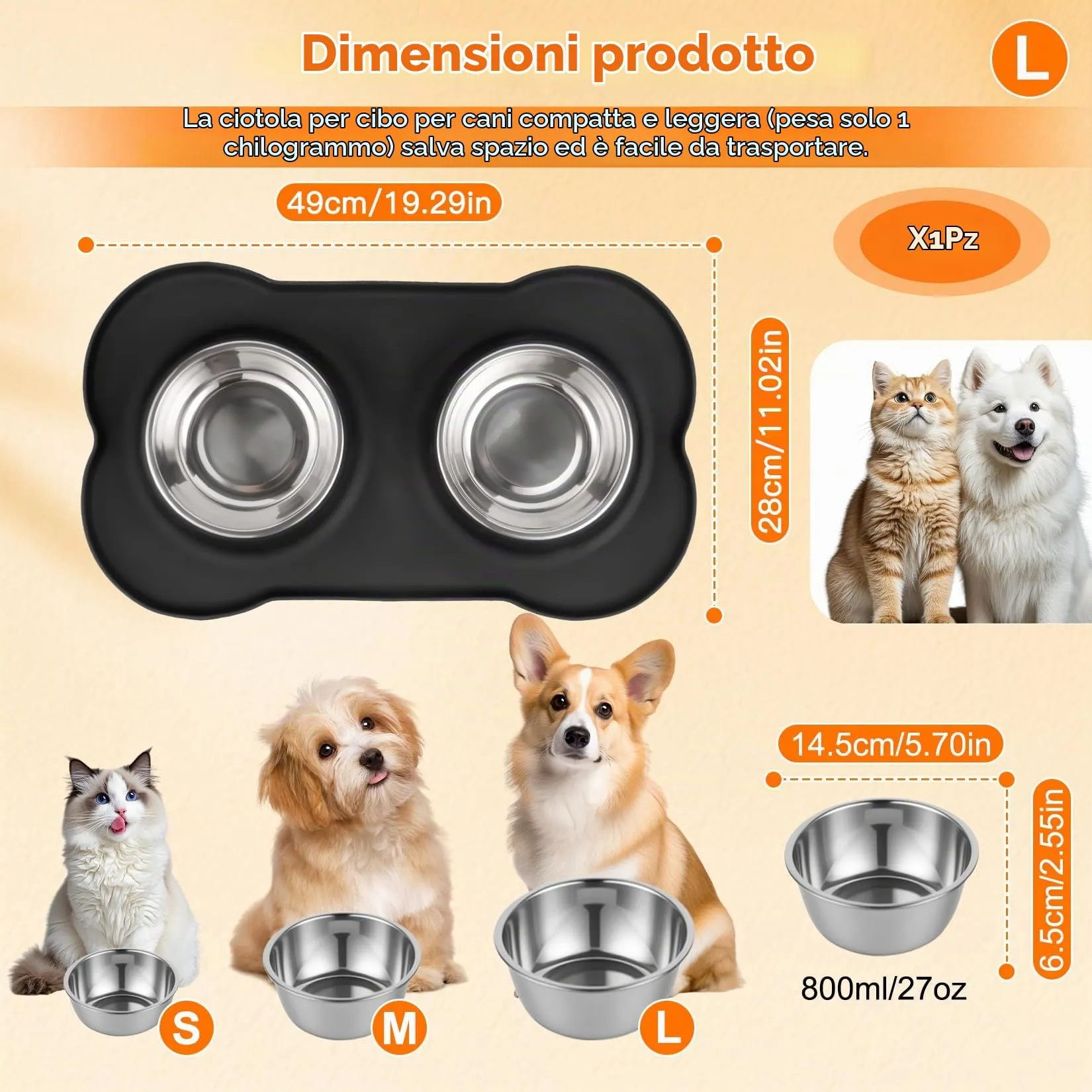 Liuliushun Set di 2 Ciotole in Acciaio Inox per Cani e Gatti con Tappetino Antiscivolo in Silicone, Nero - immagine 2