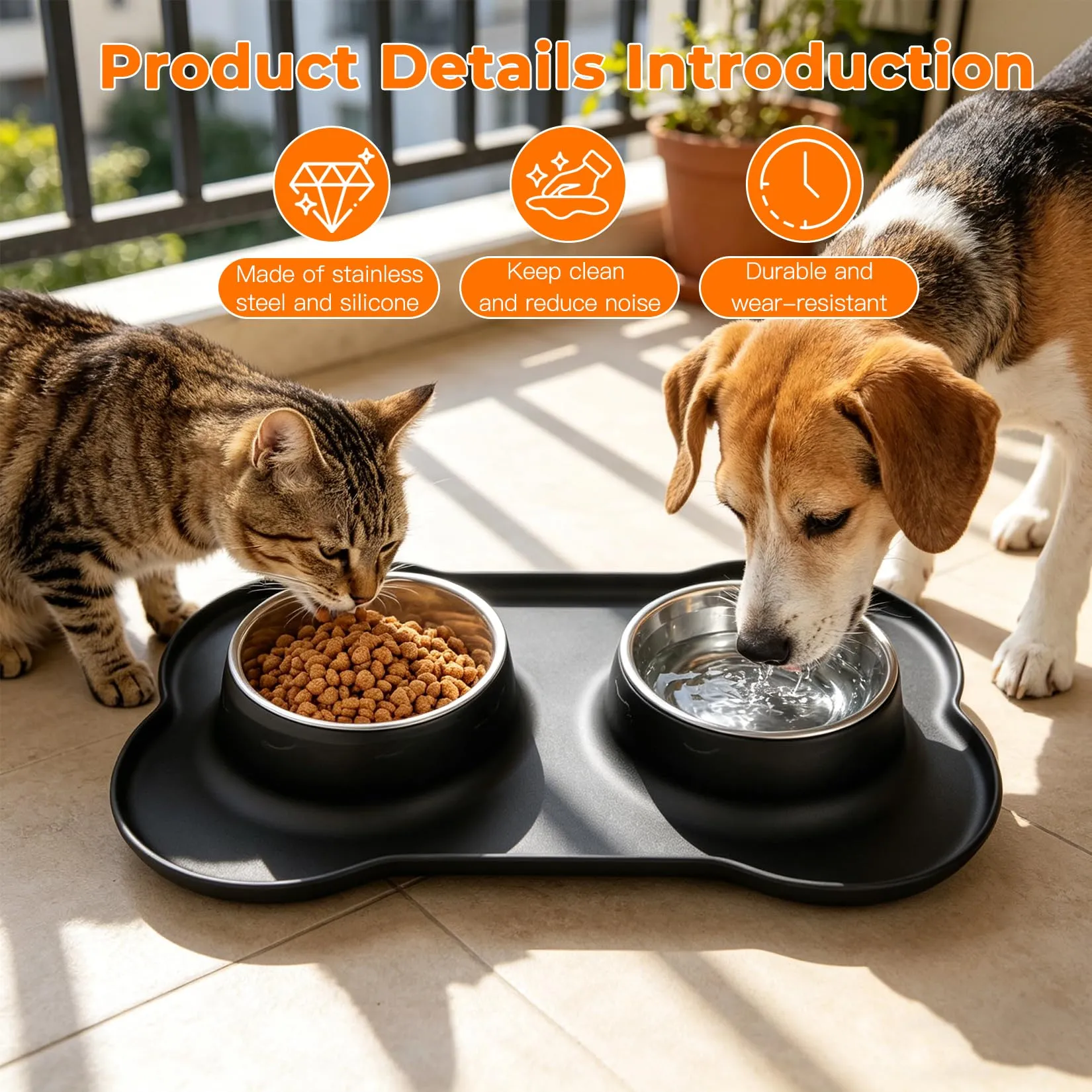 Liuliushun Set di 2 Ciotole in Acciaio Inox per Cani e Gatti con Tappetino Antiscivolo in Silicone, Nero - immagine 3