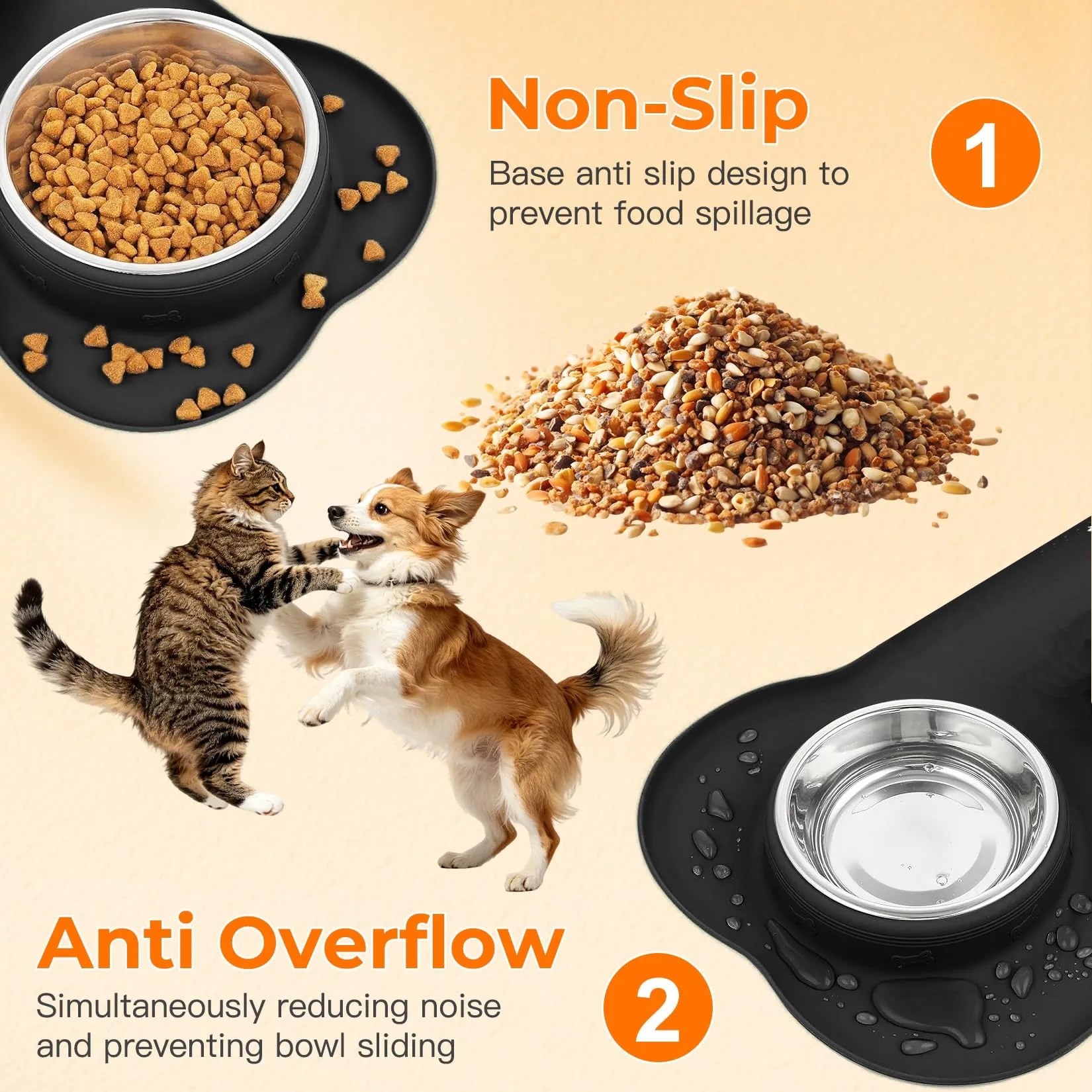Liuliushun Set di 2 Ciotole in Acciaio Inox per Cani e Gatti con Tappetino Antiscivolo in Silicone, Nero - immagine 4
