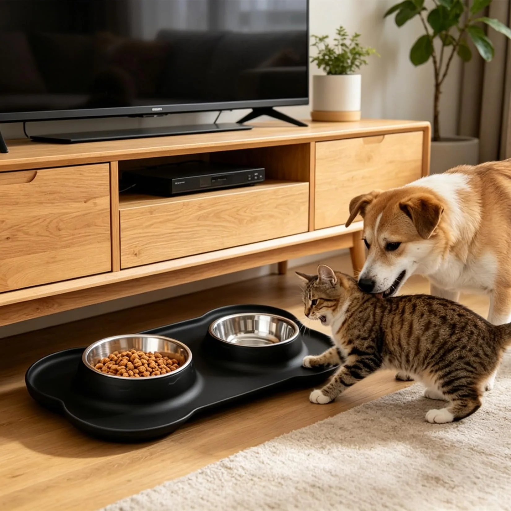 Liuliushun Set di 2 Ciotole in Acciaio Inox per Cani e Gatti con Tappetino Antiscivolo in Silicone, Nero - immagine 6